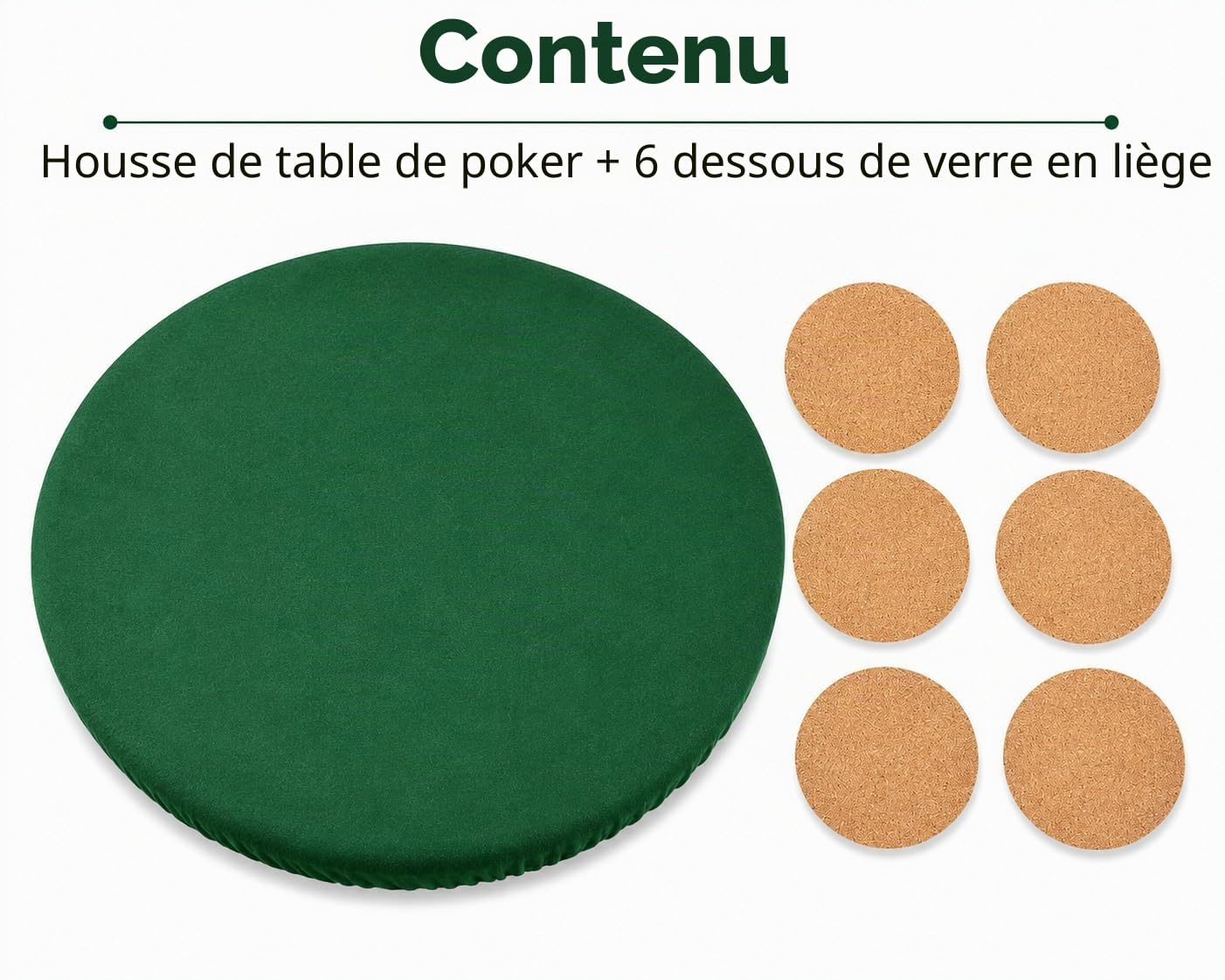 Katai – Tapis de Poker Rond en Feutre Vert 36–48 Pouces – Style Casino Antidérapant et Anti-Bruit pour Jeux de Cartes, Mahjong ou Soirées Jeux – avec 6 Dessous-de-Verre en Liège