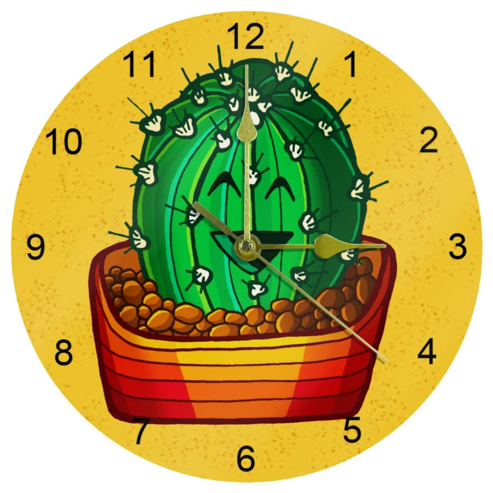 Horloge murale en forme de cactus jaune de 25,4 cm avec grands chiffres arabes