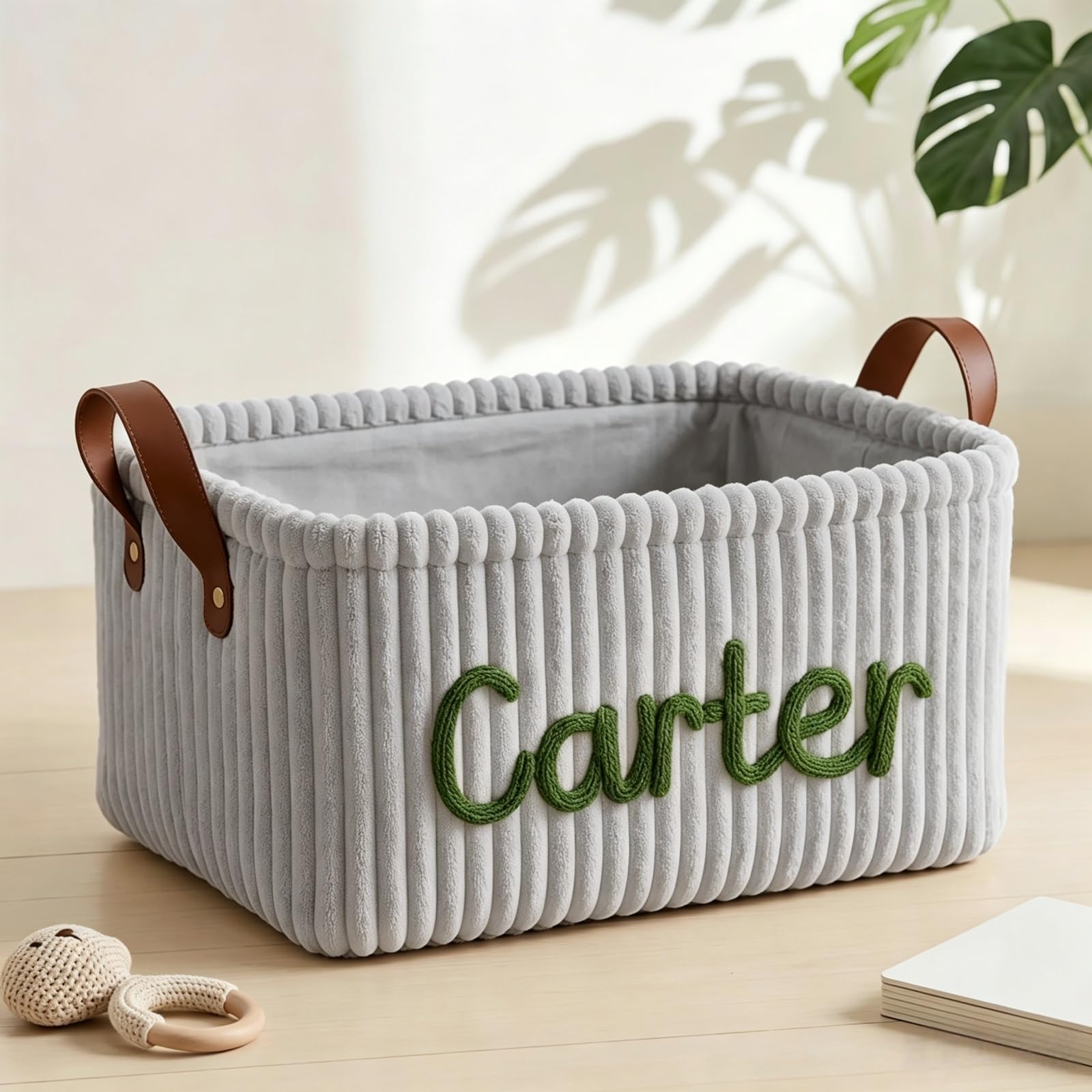Personalized Corduroy Baby Storage Basket, Custom Yarn Name Laundry Hamper