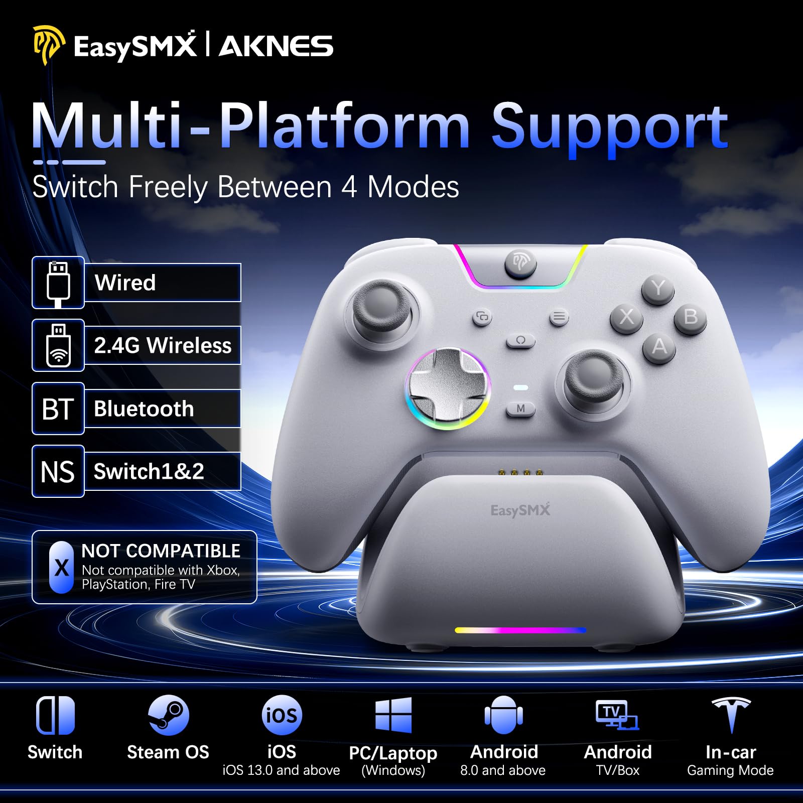 AKNES EasySMX X05Pro Mando para PC/Switch/Android/iOS, Botones de Juego Silenciosos, Joysticks de efecto Hall, Gatillos Hall de Doble Etapa, 2 Botones Programables, Frecuencia de Sondeo 1000Hz(Blanco)