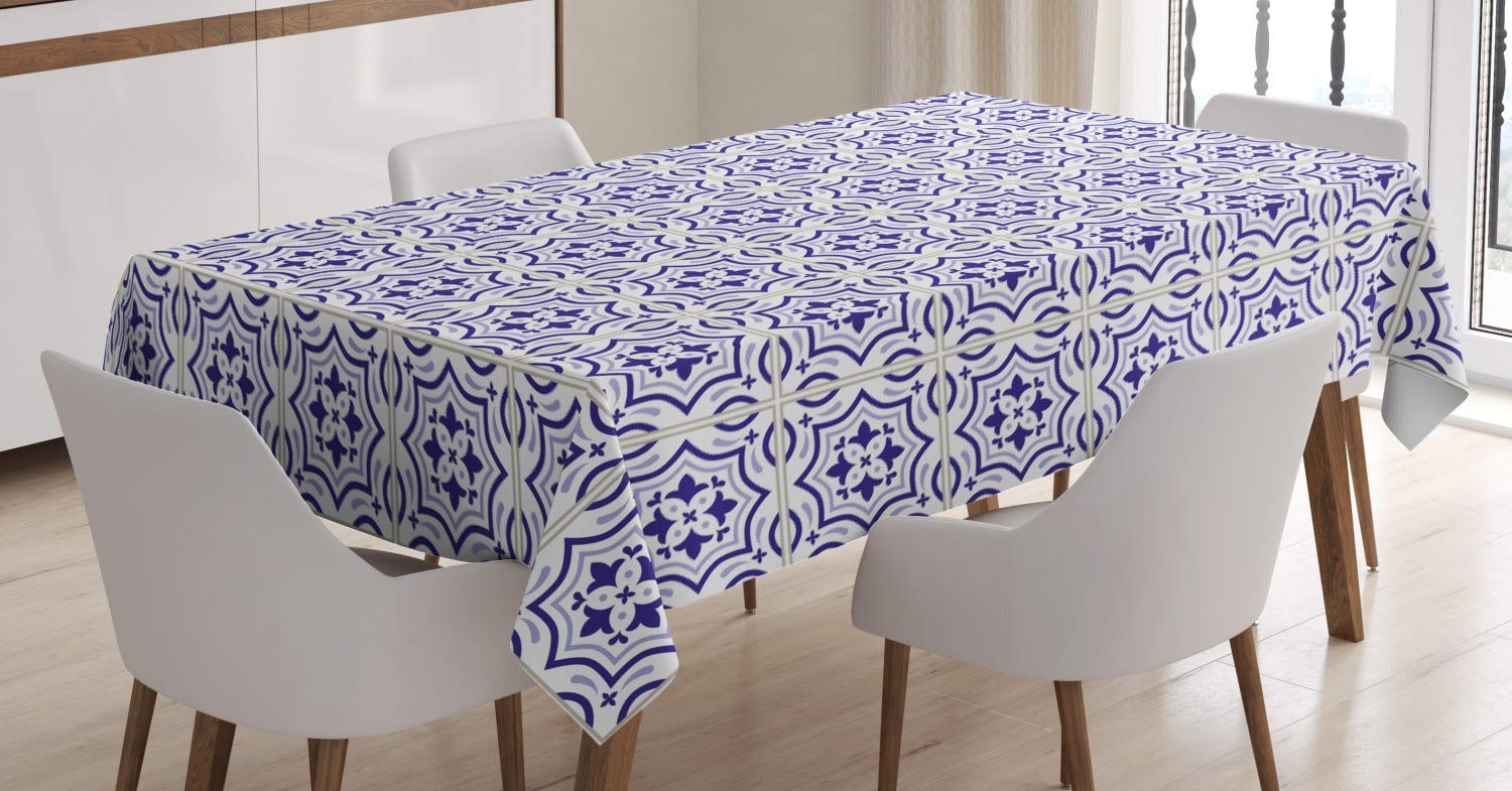 Ambesonne Navy Blue Tablecloth, Portuguese Tile Design Traditional Azulejo Retro Style Mosaic, Dining Room Kitchen Rectangular Table Cover, 60" X 84",