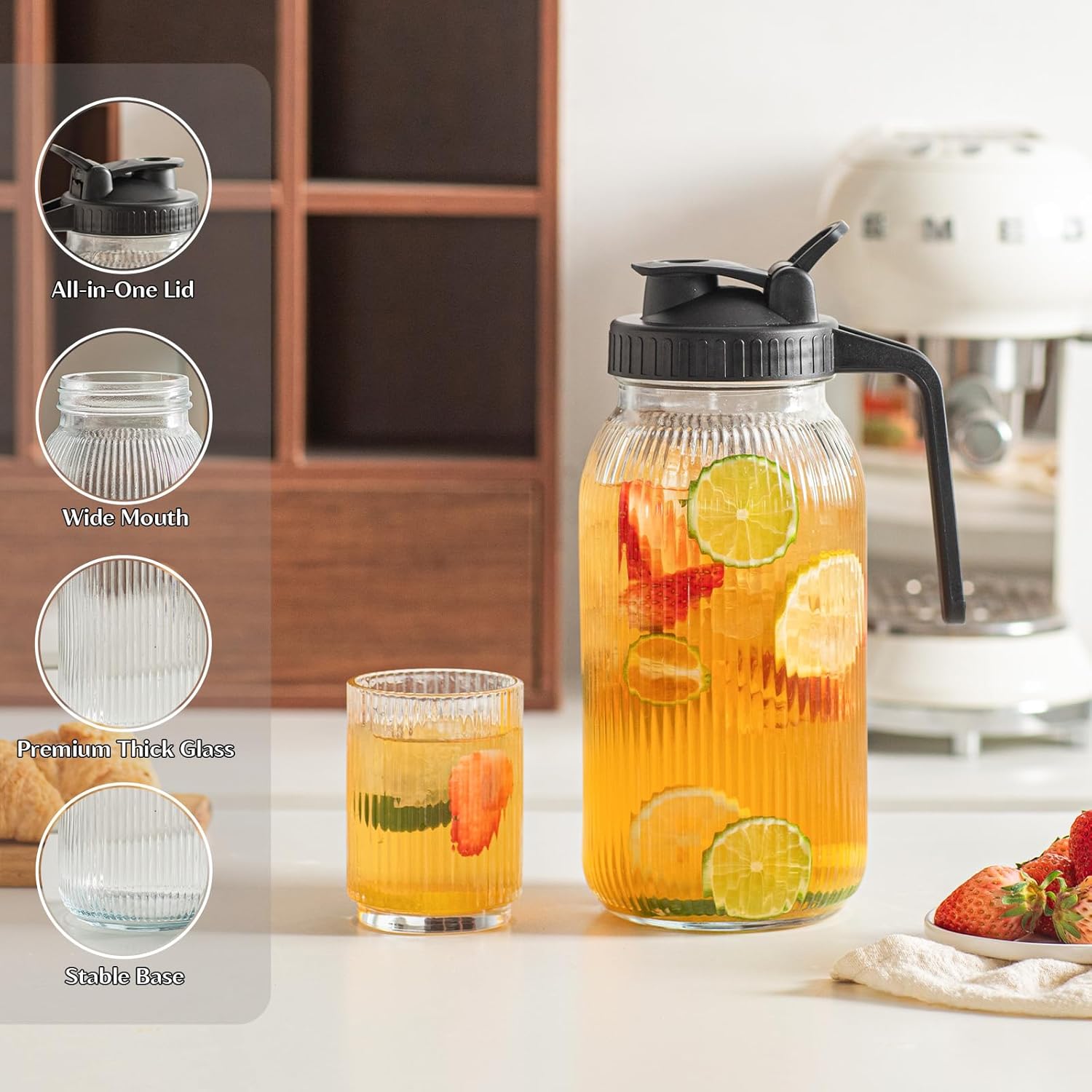 INSETLAN 64oz Glass Mason Jar Pitcher with Pour Spout Lid – 2 Pack, Wide Mouth Glass Pitcher with Lid, Leak-Proof Glass Breastmilk Pitcher for Cold Brew Coffee, Sun Tea and Fruit Drinks, Fridge Safe