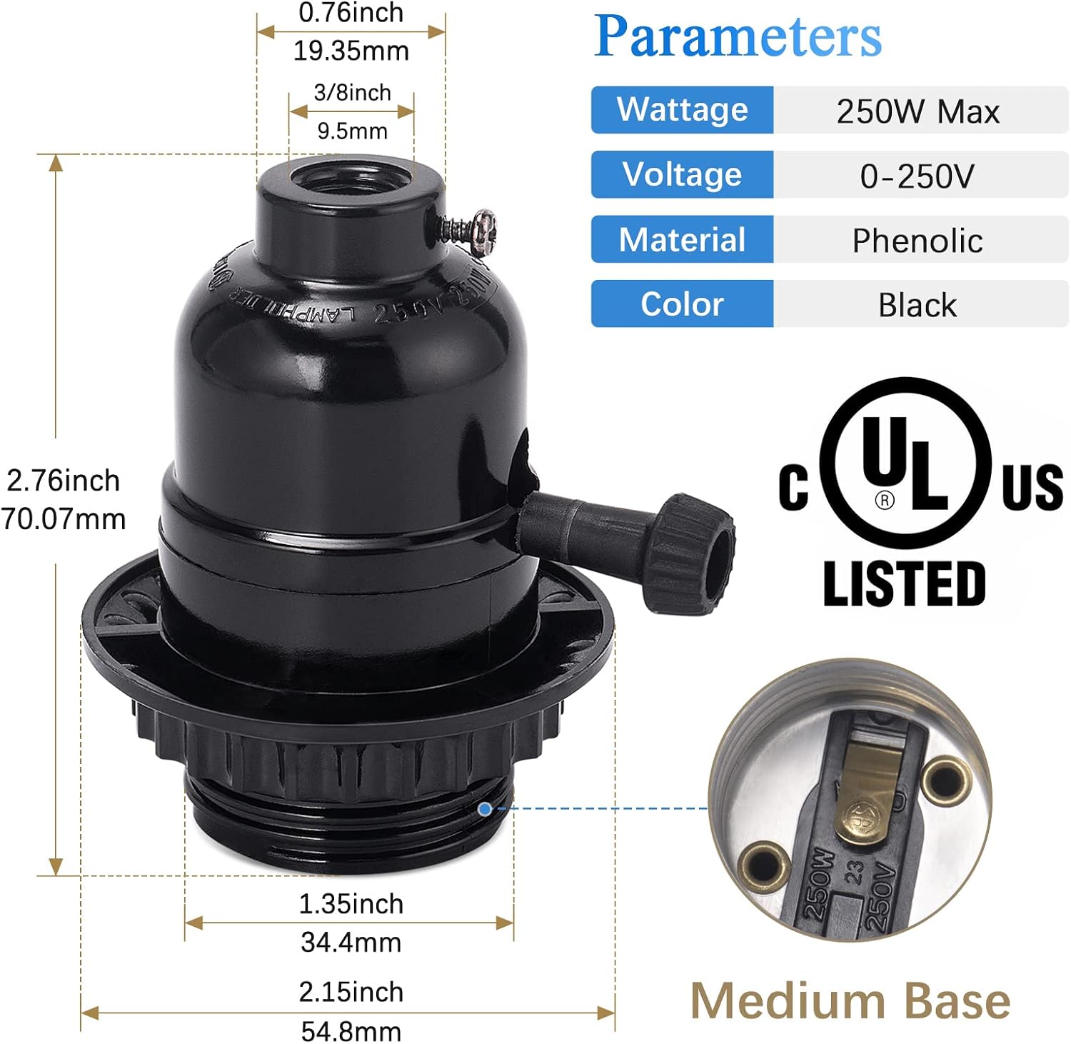 DiCUNO UL Listed E26 Lamp Socket Replacement, Turn Switch Knob ON/Off, Threaded Medium Base Light Socket with Lamp Shade Ring for Table, Floor Lamp Repair Kit, Black, 1-Pack