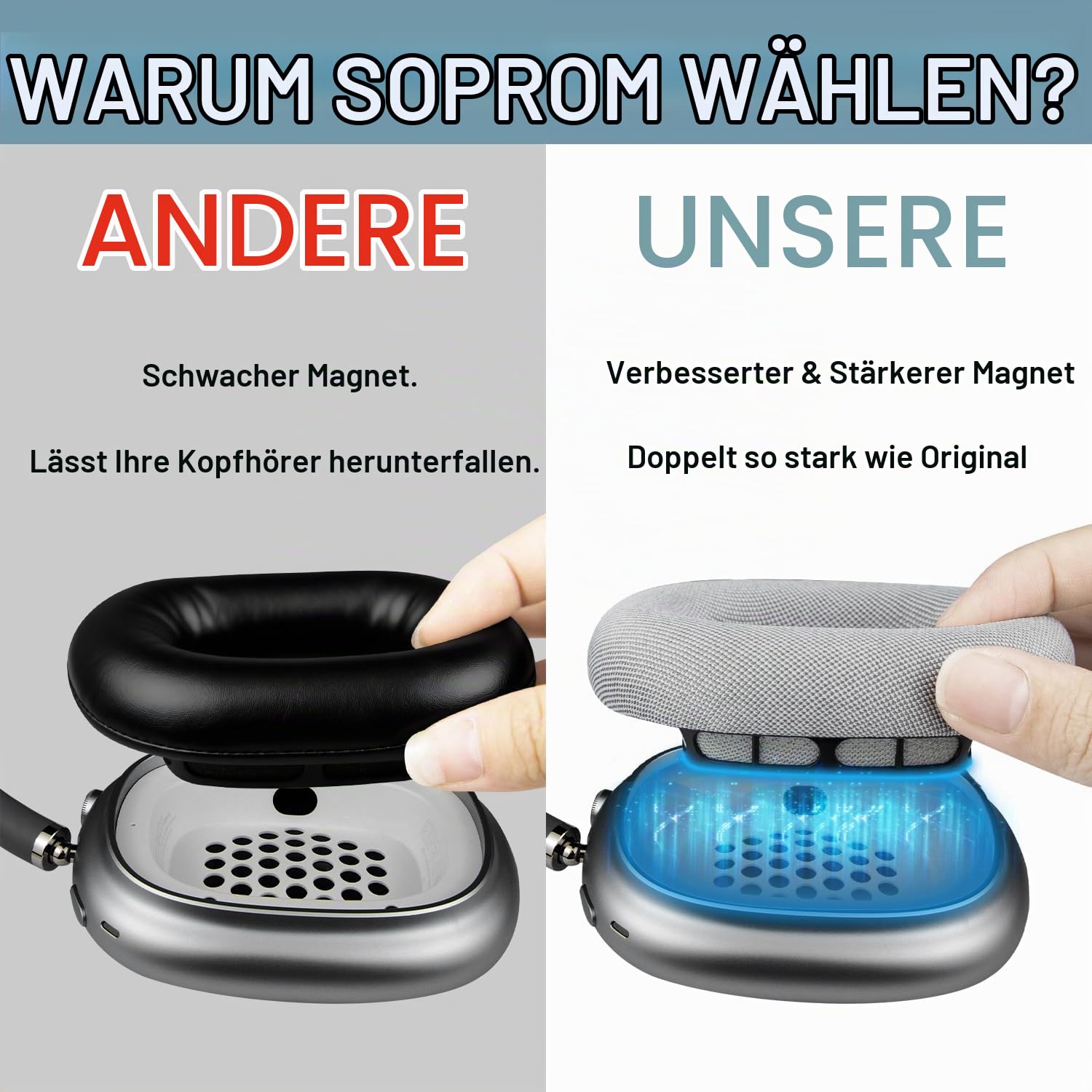 SOPROM Ohrpolster Ersatz für Airpods Max Over-Ear Kopfhörer, Ohrpolster mit strapazierfähigem Netzstoff, weicher Schaumstoff Und Magnetisch - Silber