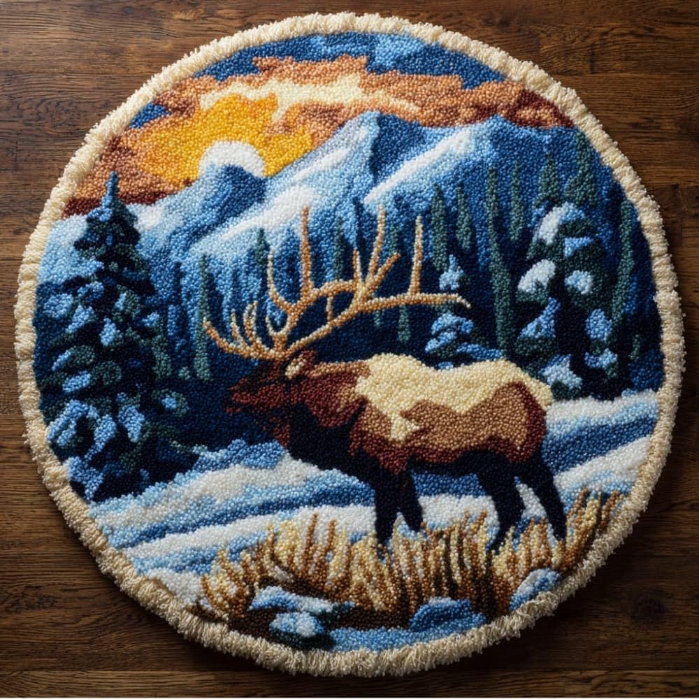 kitphoenix Round DIY Latch Hook Rug Kits Elk Snow Scene 20X20Inch (50X50Cm) Easy for Beginners Round Carpet Crochet Yarn Craft Large Rug Hook and Latch Tapestry for Home Decor