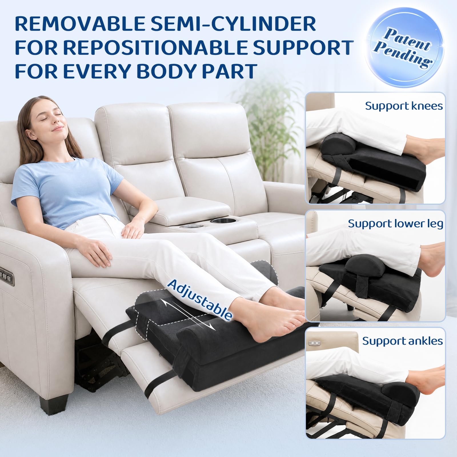 Recliner Beinstützenkissen - Recilner Fußstützenkissen mit abnehmbarem Halbzylinder für überlegene Unterstützung, verstellbares Fußkissen für Relaxer, Liegestuhl Beinkissen mit 2 Riemen