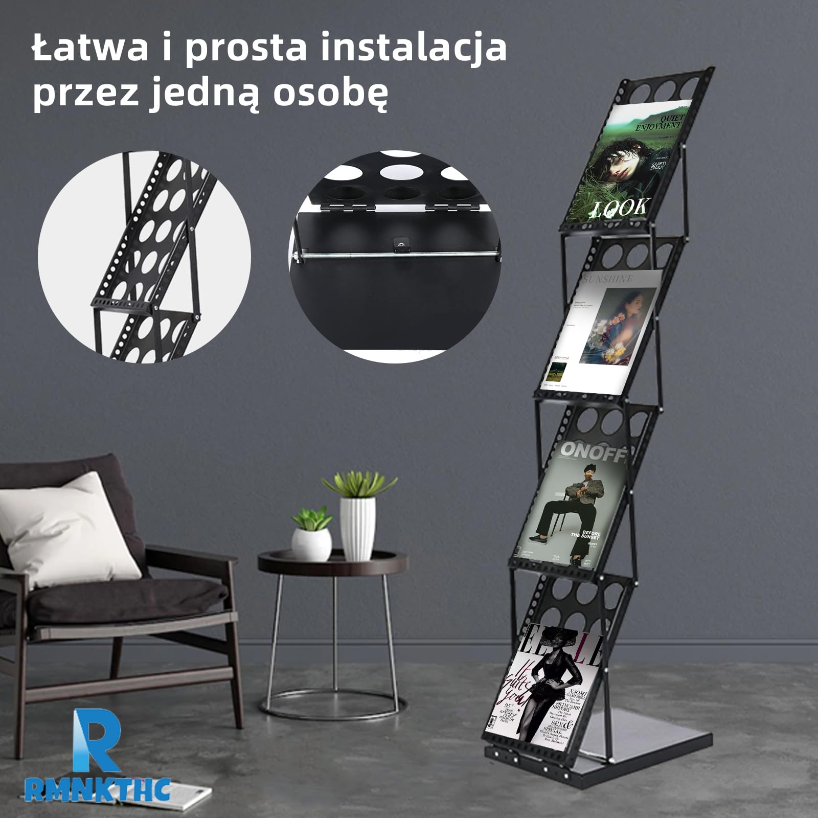 Soporte plegable para catálogo de 4 niveles con bolsa de almacenamiento Oxford, compatible con A4, estante de hierro para folletos/folletos/revistas (negro)