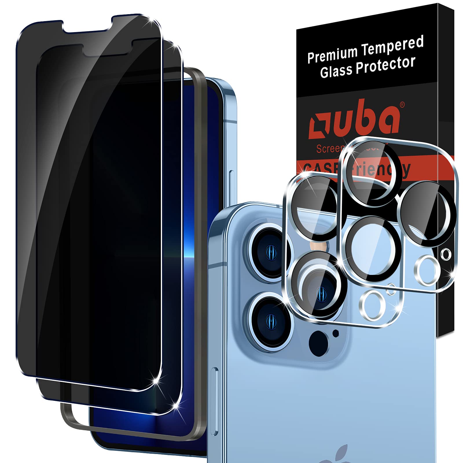 [2+2 Pack] OUBA Tempered Glass Compatible with iPhone 13 Pro 6.1" - 2 Pack Privacy Screen Protector + 2 Pack Camera Lens Protector, Anti Spy [Easy Installation Frame] [Precise Cutout] Bubble Free