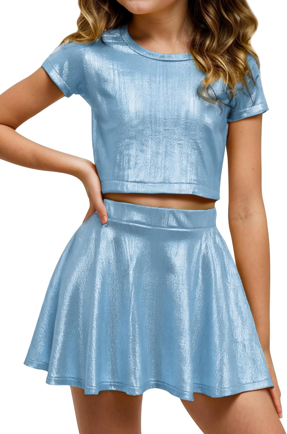 Happy Cherry Kid Girl Shiny Skirt and Top Set 2 Piece Texture Ribbed Metallic Disco Rave Cheer Outfit 4-12T