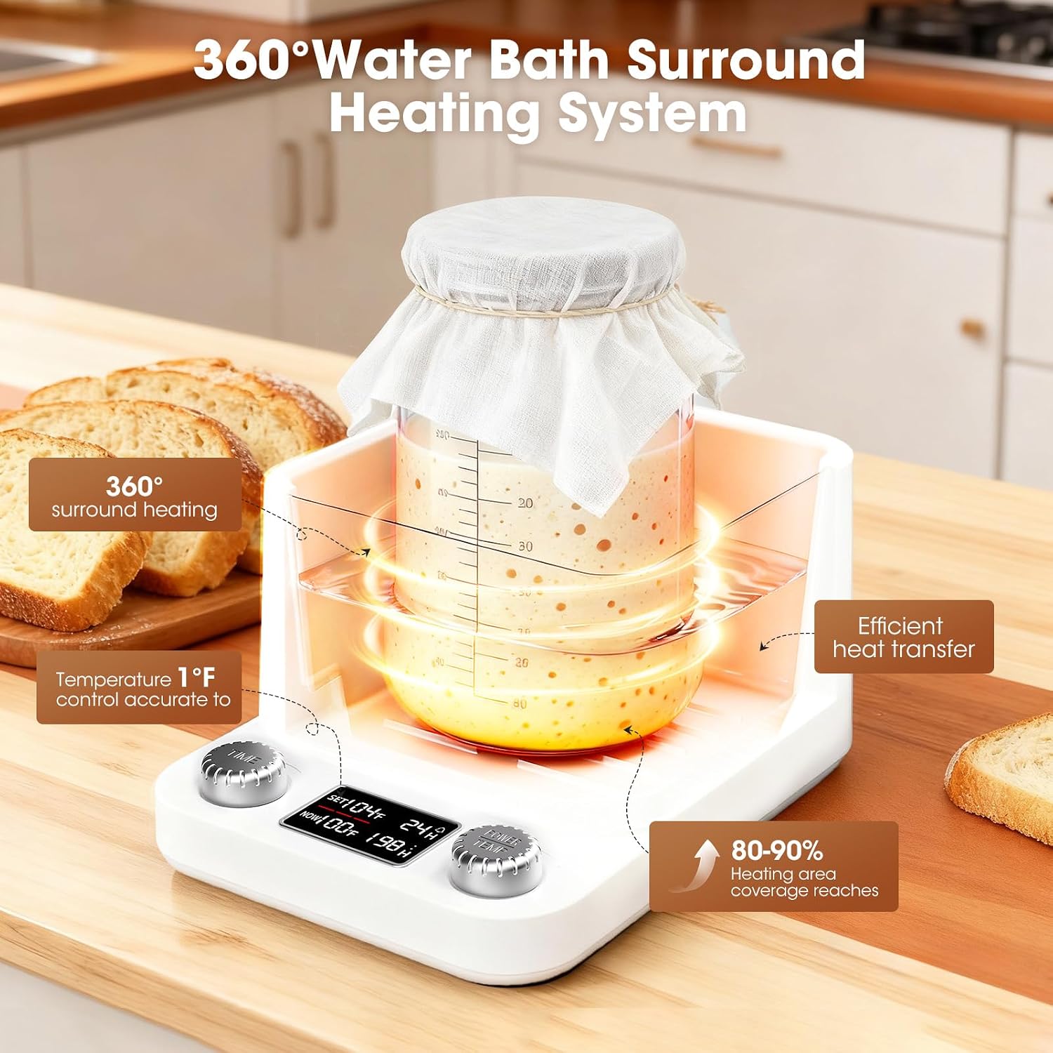 MQFORU Water Bath Sourdough Starter Warmer, 1°F Thermostat (70-104°F)