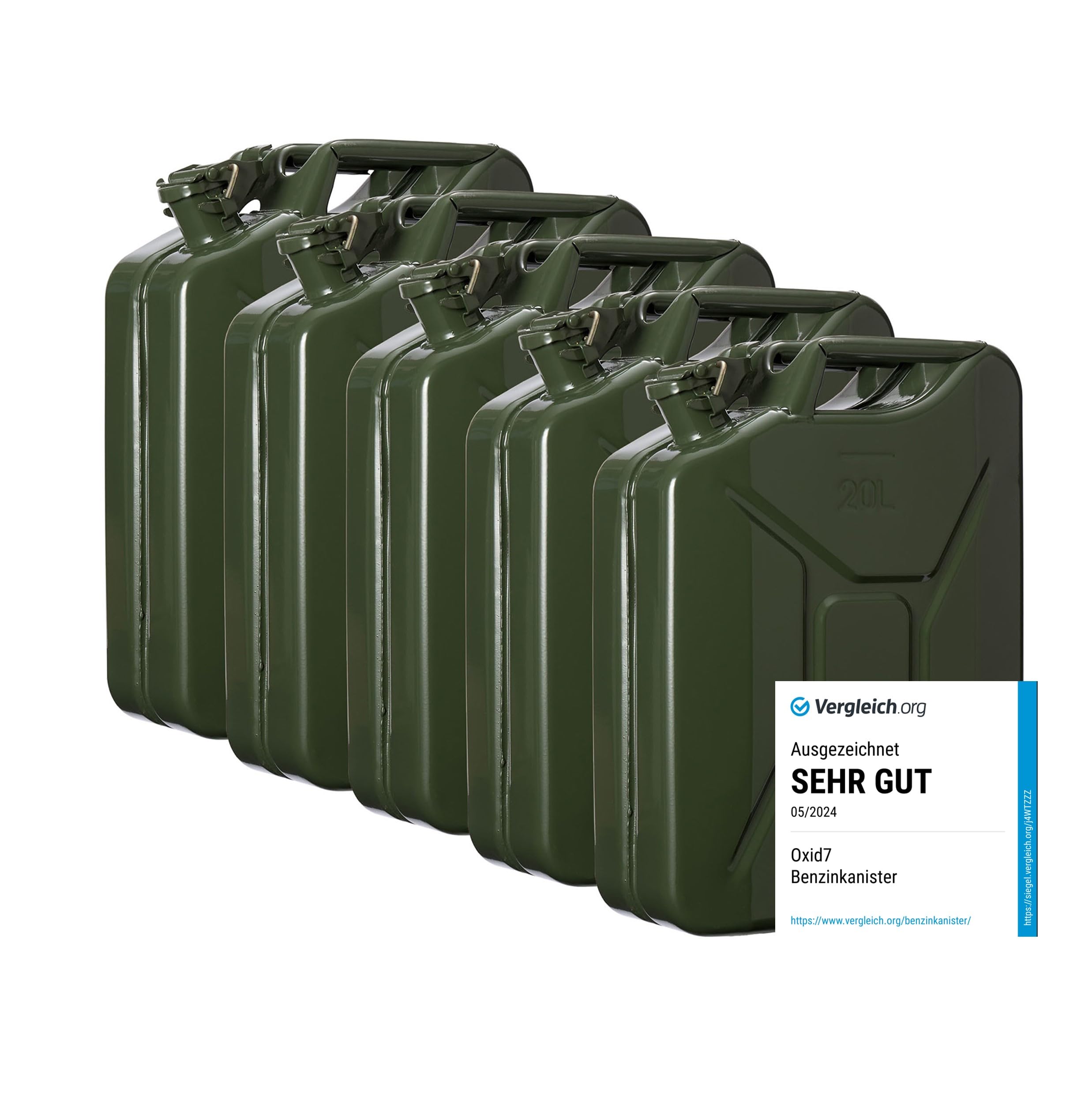 Oxid7 5 x fuel canisters, 20 litres, made of metal, olive green, suitable for petrol, diesel and bio-ethanol, 20 L petrol canister with UN approval and design tested