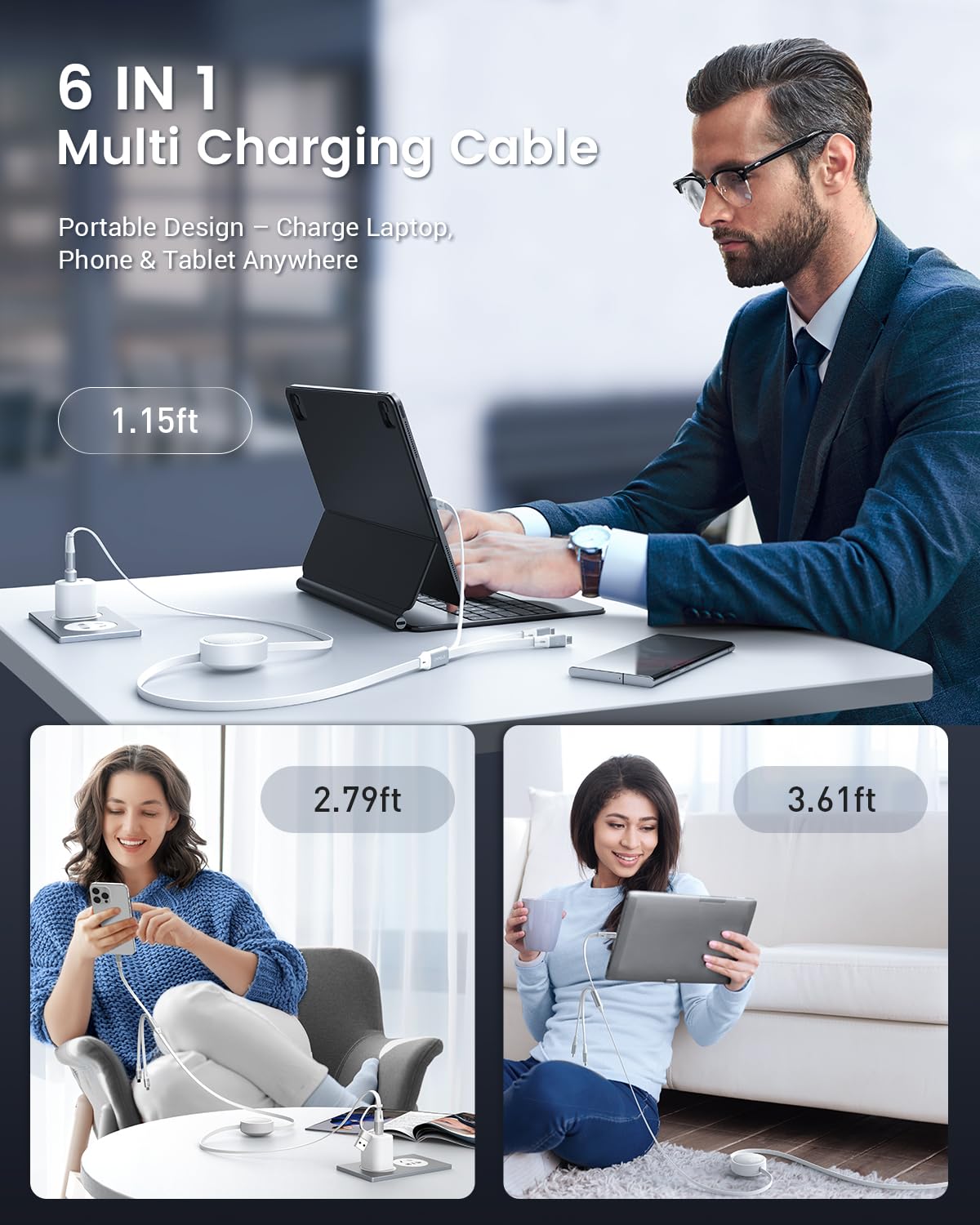 CAFELE 100W Multi Charging Cable, 6-in-1 Retractable USB C/A Cable, 5A Fast Charger Cord for Multiple Devices with Type C/L/Micro Ports for Phone 17 16 15 14 Pro Max, S24/S23, MBook, Pad (3.6ft) White - Image 7