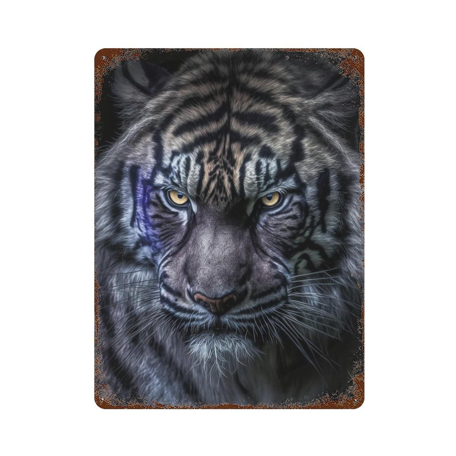 Rust Effect Blue Tiger Portrait Rusty Metal Tin Sign 15.7"x11.8", Industrial Home Decor for Living Room, Hallway And Home Decor