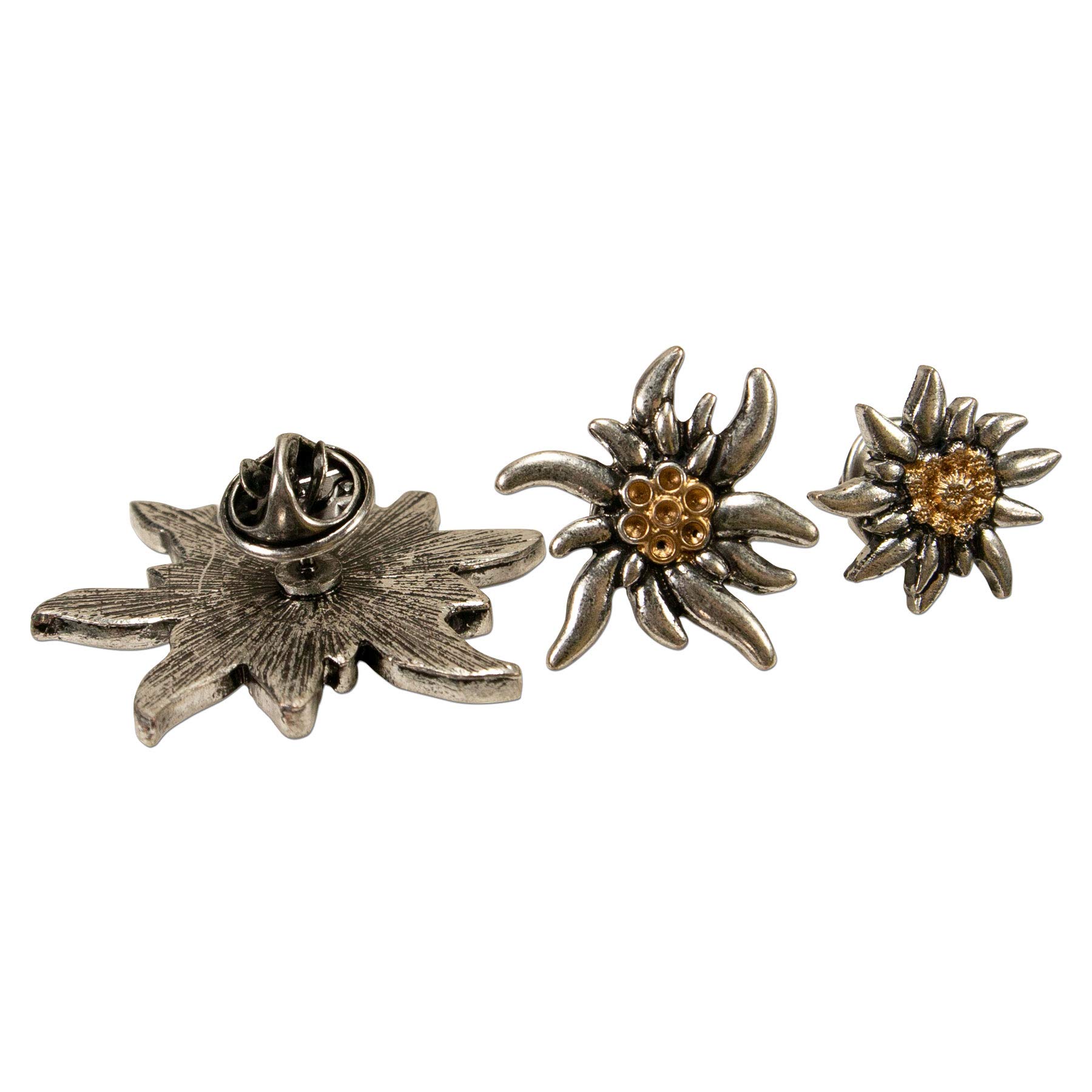Ansteck Pins Edelweiß 3er Set (3 Größen) - Anstecker für Damen & Herren, Trachten-Pins für Trachtenbluse, Hutanstecker, Anstecknadel und Buttons fürs Oktoberfest (bicolor-farben)