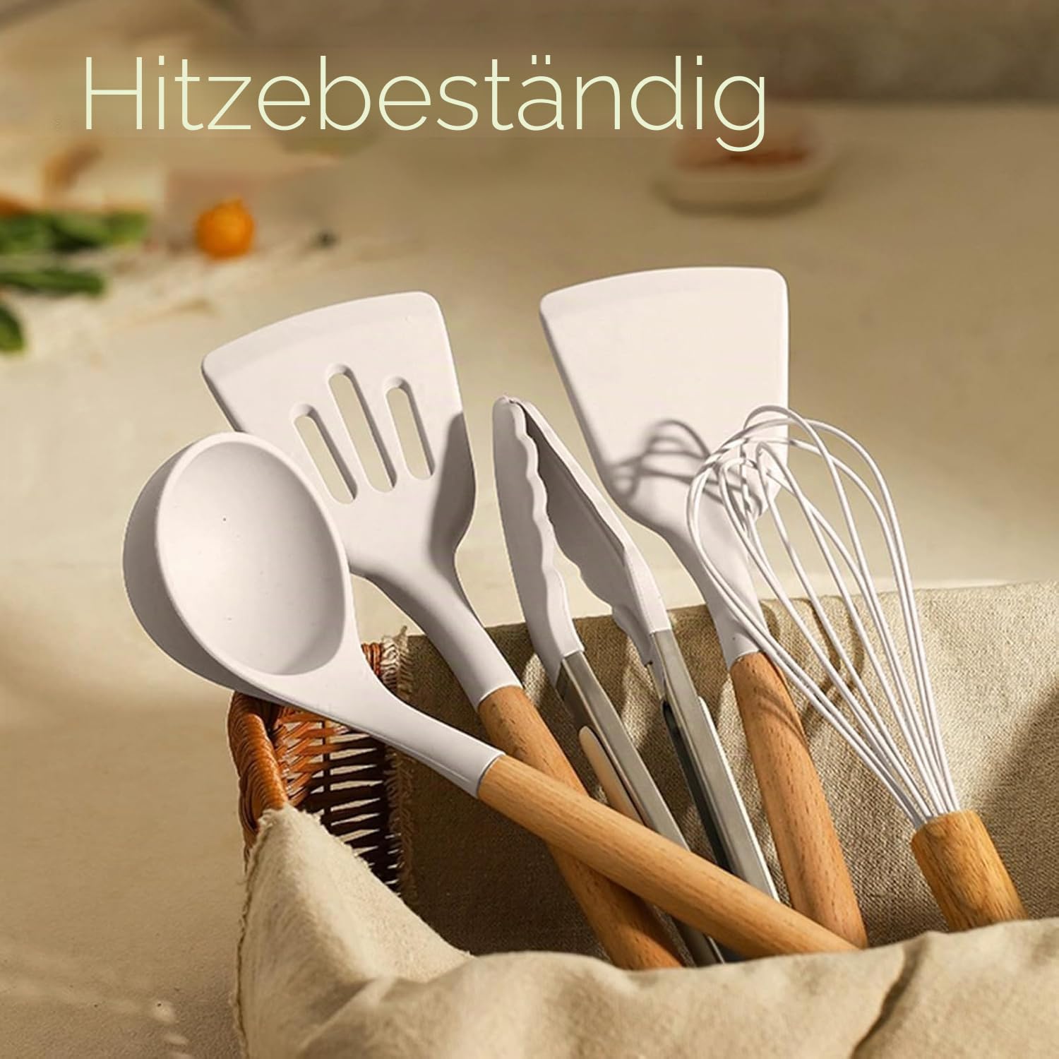 Umite Chef Küchenutensilien-Set, antihaftbeschichtet, Silikon, Küchenutensilien, Spachtel-Set mit Halter, Holzgriff, Silikon, 33-teilig, Khaki Küche, Haushalt & Wohnen