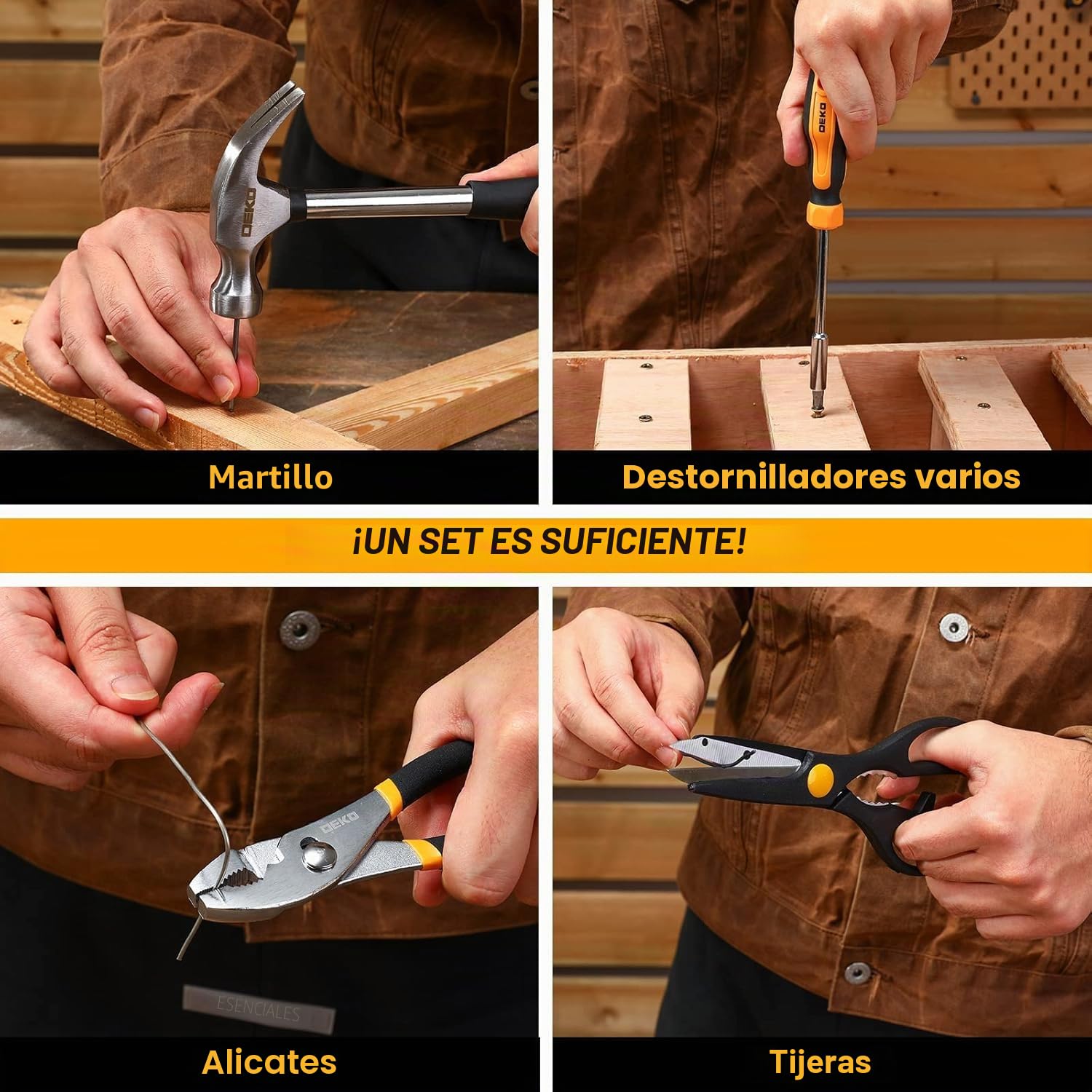 DEKOPRO Juego de 62 Herramientas Manuales, Caja de Herramientas Pequeña y Portátil, para hogar, oficina, bricolaje y reparaciones, Amarillo