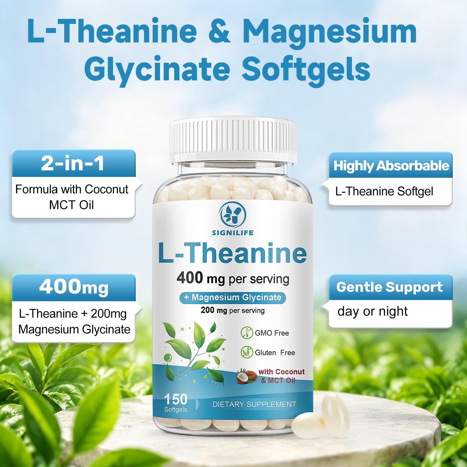 L-Theanine 400mg with Magnesium Glycinate,150 Softgels — Amazon image 3