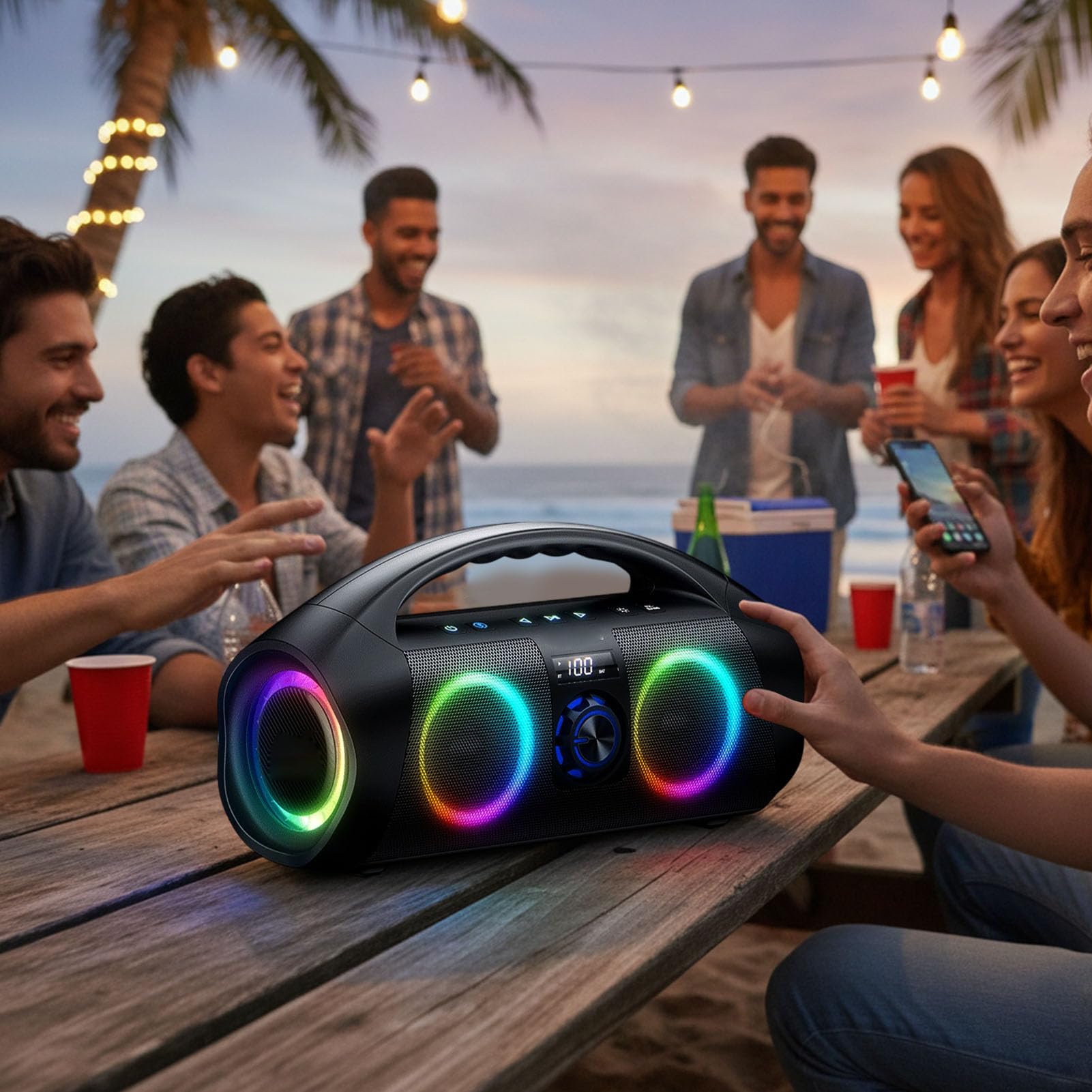 Altavoz de Fiesta Bluetooth con Luz RGB y Potencia de 120 W para Música Pesada con Graves, Ideal para Pop Moderno, Electrónica, Viajes por Carretera y Aventuras de Acampada