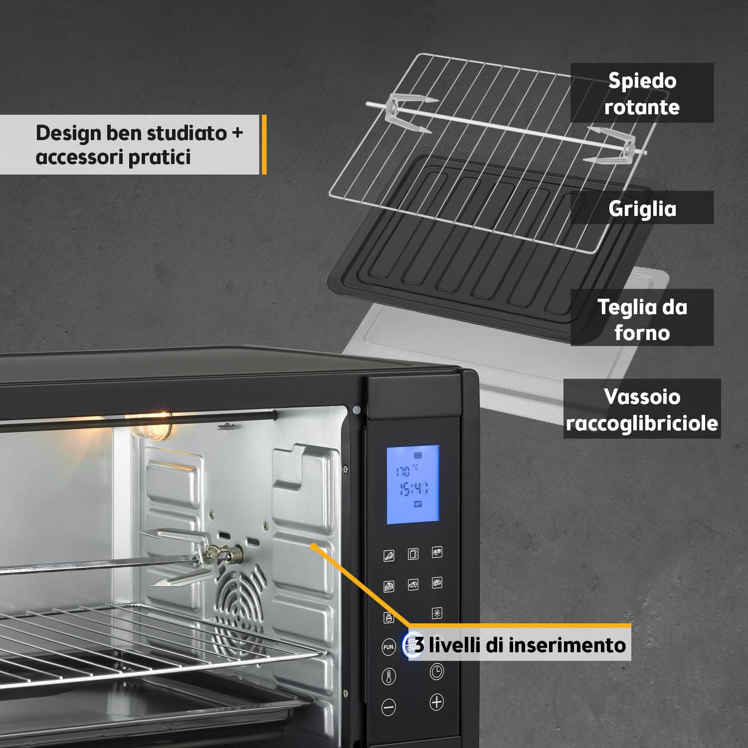 TZS First Austria Mini Forno digitale 30L 1600W Fornetto con regolazione della temperatura fino a 230°C - Con timer di 60 min, 3 altezze di inserimento, teglia e griglia Per cucine piccole e campeggio