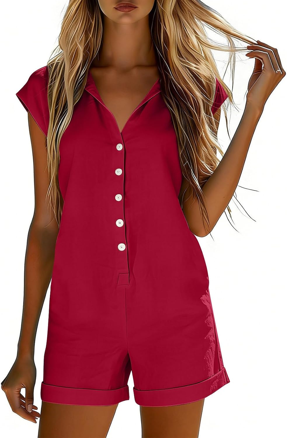 Summer Rompers for Women Button Down Dressy Casual Jumpsuit Short Sleeve V Neck Beach Vacation Shorts with Pockets
