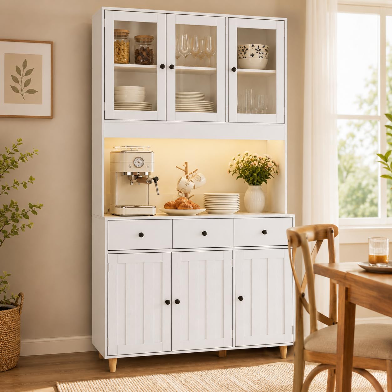 Xbro Kitchen Cupboard with LED Light & Power Outlet, 181cm Tall Pantry Cupboard with Acrylic Doors, Drawers & Adjustable Shelves, Buffet Sideboard Larder Cupboard with Large Countertop