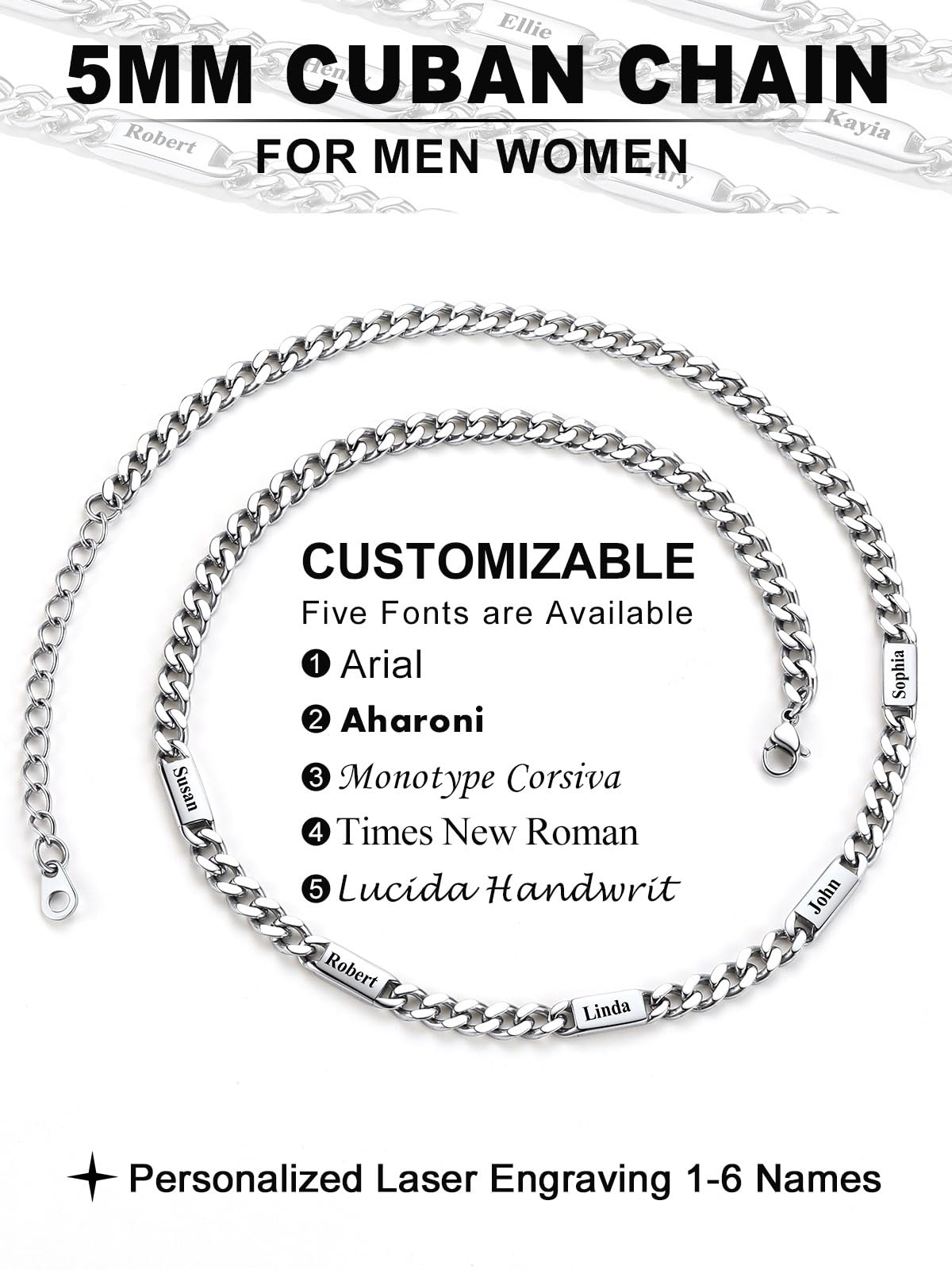 Custom4U Collier Personnalisé pour Homme avec 1-6 Prénoms Chaîne Cubaine Acier Inoxydable, Chaîne 5/7MM 45/50/55/60+5cm, Collier Argent/Or Cadeaux pour Hommes, Femmes et Famille