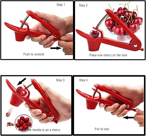 Miniatura 7 de Cherry Pitter - Herramienta descorazonadora de acero inoxidable resistente para olivos y cerezas con diseño de bloqueo que ahorra espacio,