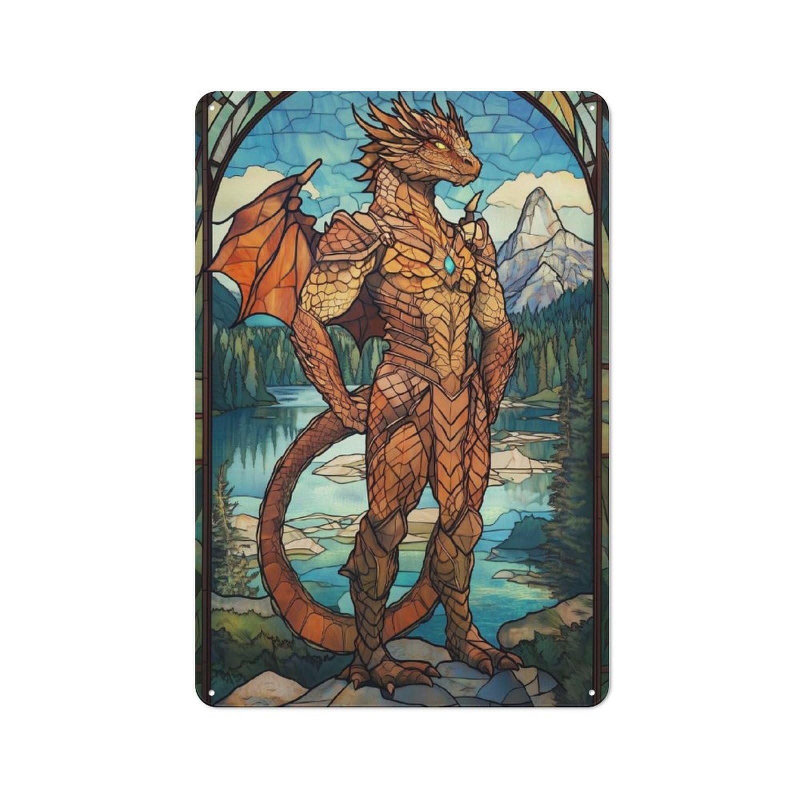 Nostalgic Decorative Tin Plaque 30x20cm Featuring Stained Glass Dragon, Classic Pub Decor for Cafe, Pub, Workshop Or Home Bar