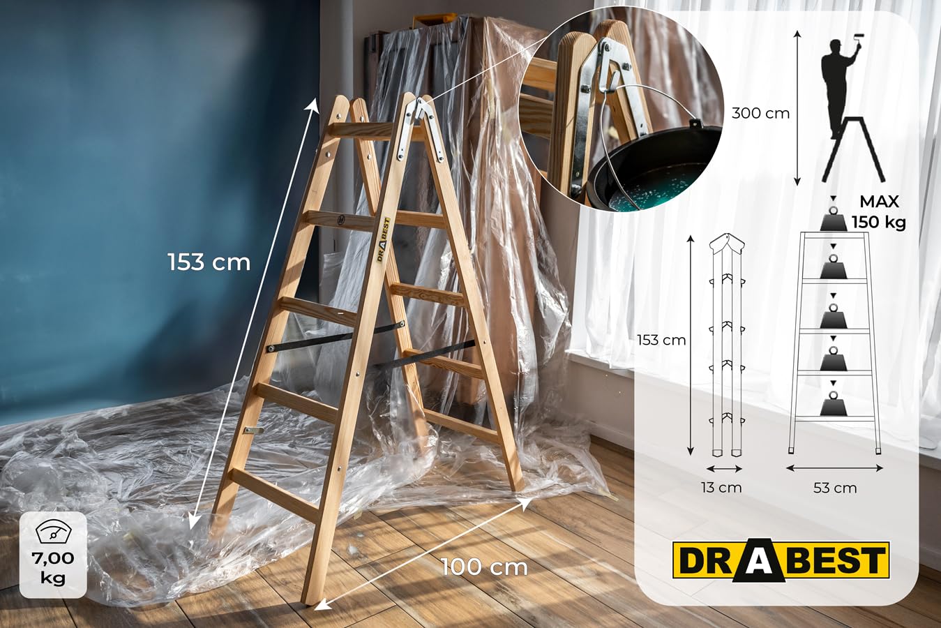DRABEST - Escalera de Madera - para Trabajos de Pintura - 2X 5 peldaños - m de Largo - hasta 150 kg - Altura de Trabajo 1,53 m 3 m - Plegable -, con Ganchos para Cubos