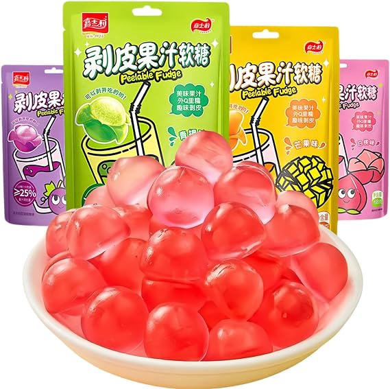 Fruit Gummies, Sweet and Sour, White Peach, Grape, Mango Flavors,Green Grape,Chewy, Pure Juice, 68g*4 Packs