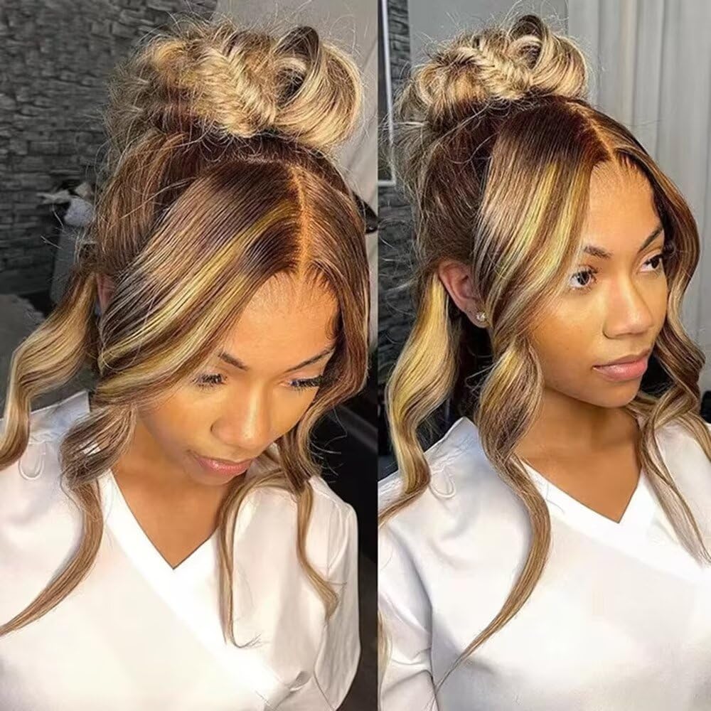 #4/27 Ombre Honey Blonde Highlight Human Hair Straight 360 Lace Wigs Pre Plucked Brown Balayage Real 360 HD Transparent Full Lace Frontal Wigs with Baby Hair 180% Density Brazilian Wig 14"