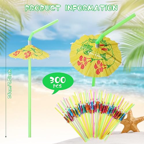 Miniatura 3 de 300 popotes para sombrilla, sombrillas, decoraciones de fiesta Luau, pajitas de cóctel hawaianas flexibles con paraguas, popotes desechables para