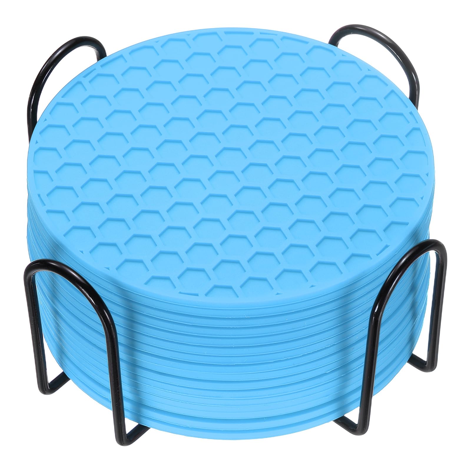 sourcing map 16 Pcs Silicone Coasters with Holder, 4 Inch Round Coaster for Drink, Non-Slip Non-Stick Heat Resistant Place Mats Washable for Cups Tabletop Protection Table Decor, Blue