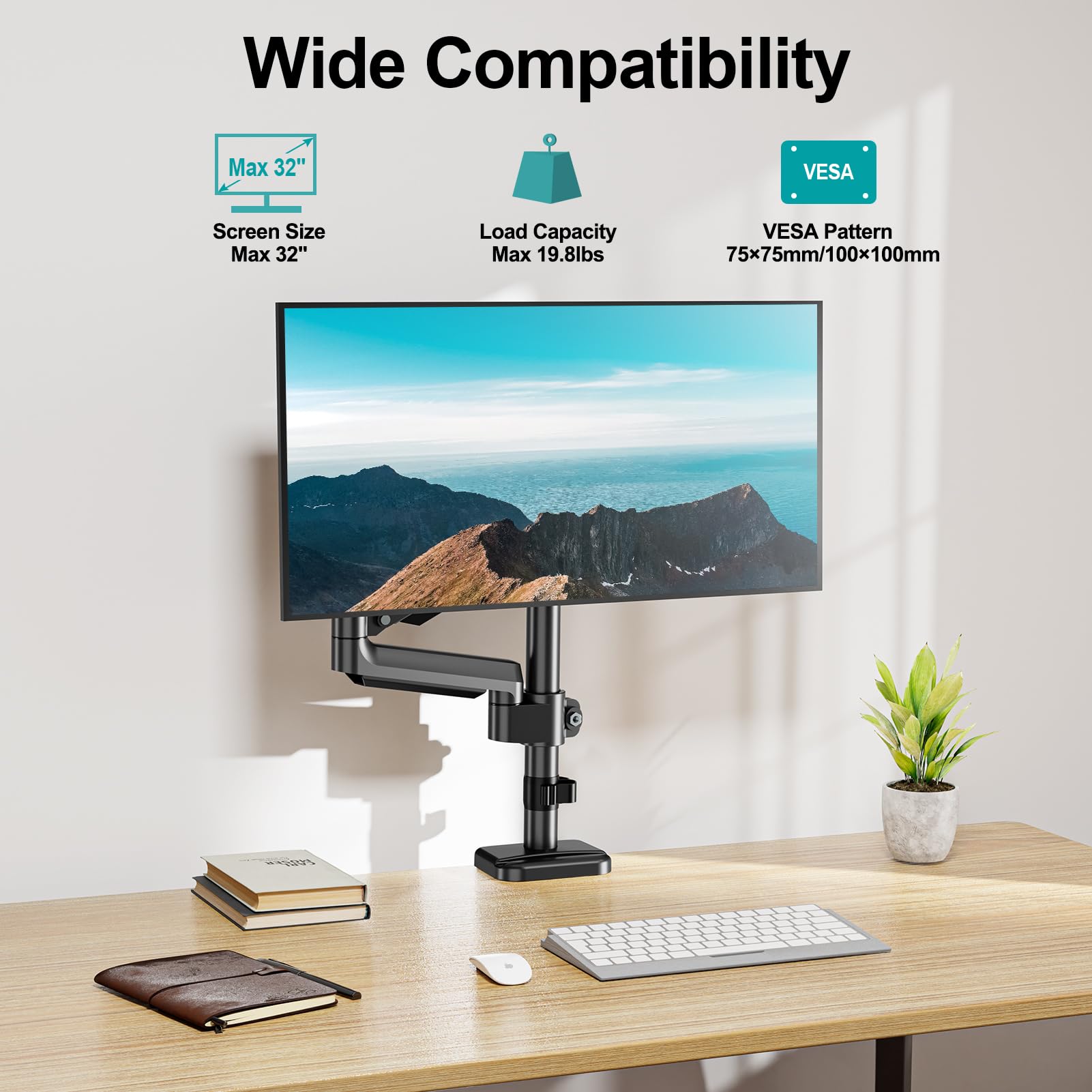 MOUNT PRO Single Monitor Mount, Monitor Arm Desk Mount for 13-32 inch Computer Screen, Adjustable Tall Monitor Arm with 25 inch Max Height, Holds 4.4-19.8 lbs, Full Motion VESA Mount 75x75/100x100mm