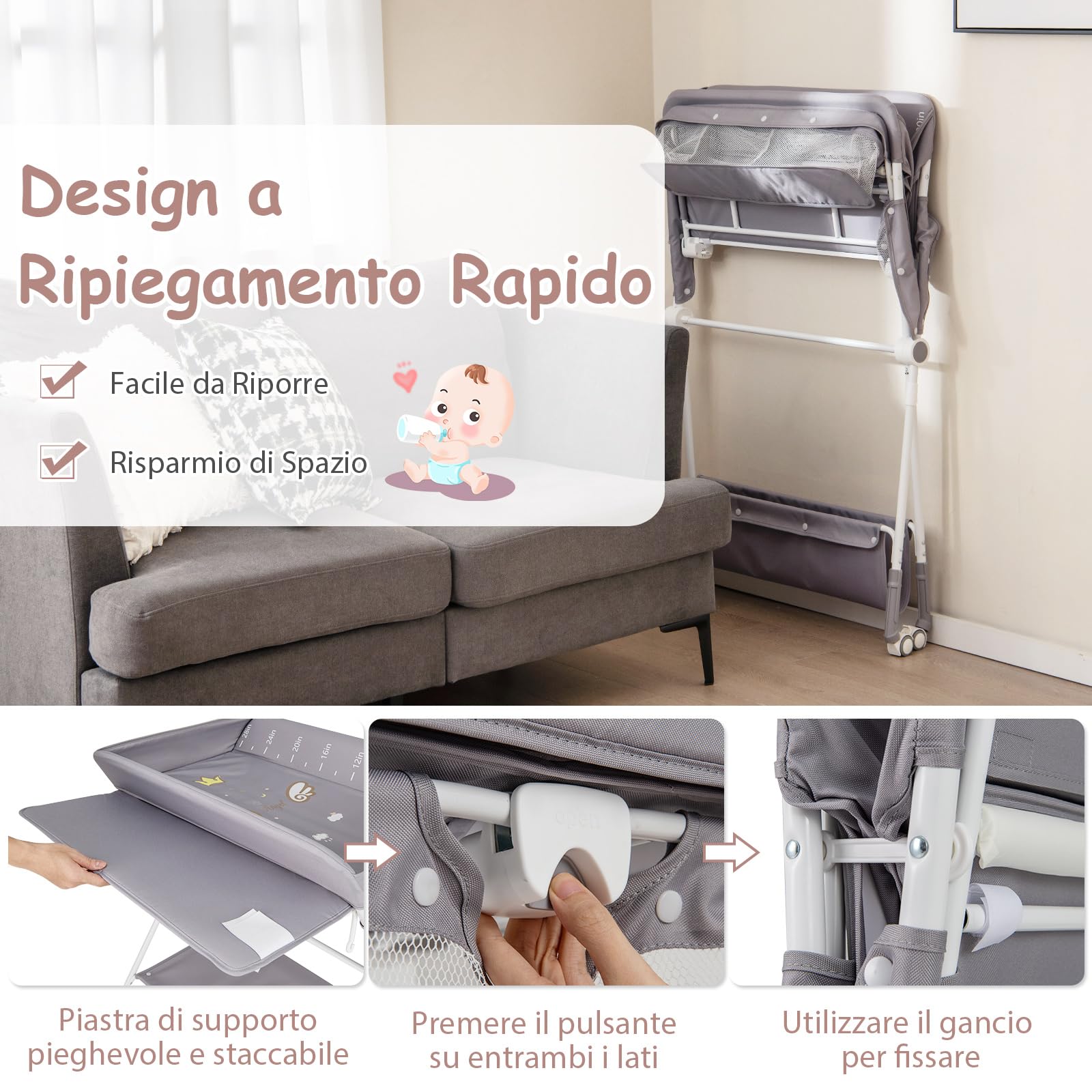 RELAX4LIFE Cambiador de Bebé Plegable con 4 Ruedas Giratorias con Frenos, 3 Alturas Ajustables, Cestas de Almacenamiento y Cinturón de Seguridad, Cambiador Bebe Mueble para Bebé 0-12 Meses (Gris)