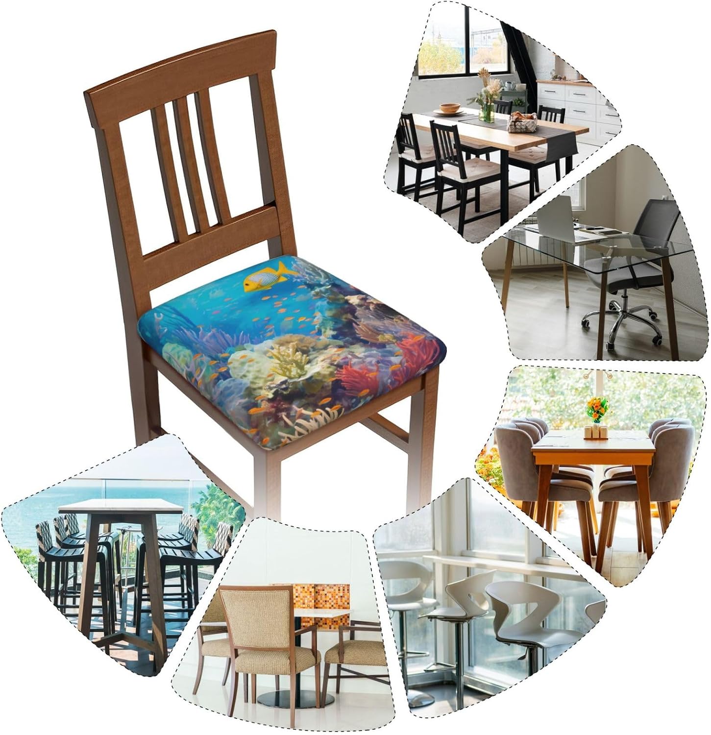 Set of 6 Removable Chair Seat Covers for Dining Room, Colorful Sea Fishes Stretchable Wedding Party Chair Slipcovers Cushion Protector Ocean Reef Furniture Decor, 16.9x16.9 Inches