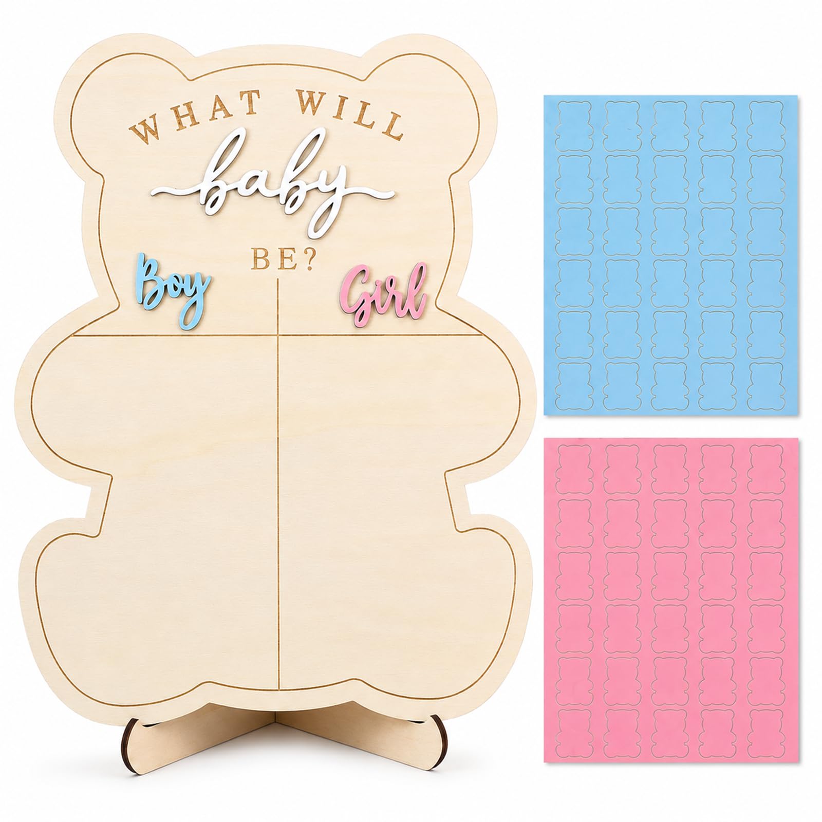 Wooden Baby Gender Reveal Decoration, Bear Voting Gender Reveal Games Decoration with Stand & Stickers, Baby Shower Decorations for Expecting Parents and Celebrations