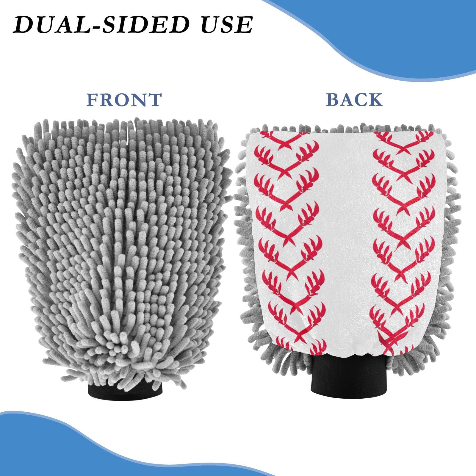 Kigai Baseball Stripes Car Wash Mitt Microfiber, 2Pcs Scratch Free Lint-Free, Premium Chenille Microfiber Mitt Car Wash Brush-L