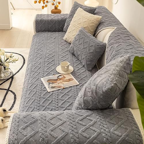 Miniatura 4 de vctops Funda de sofá de felpa jacquard geométrica, funda antideslizante neutra, suave y cálida para perros, niños y mascotas, protector de muebles