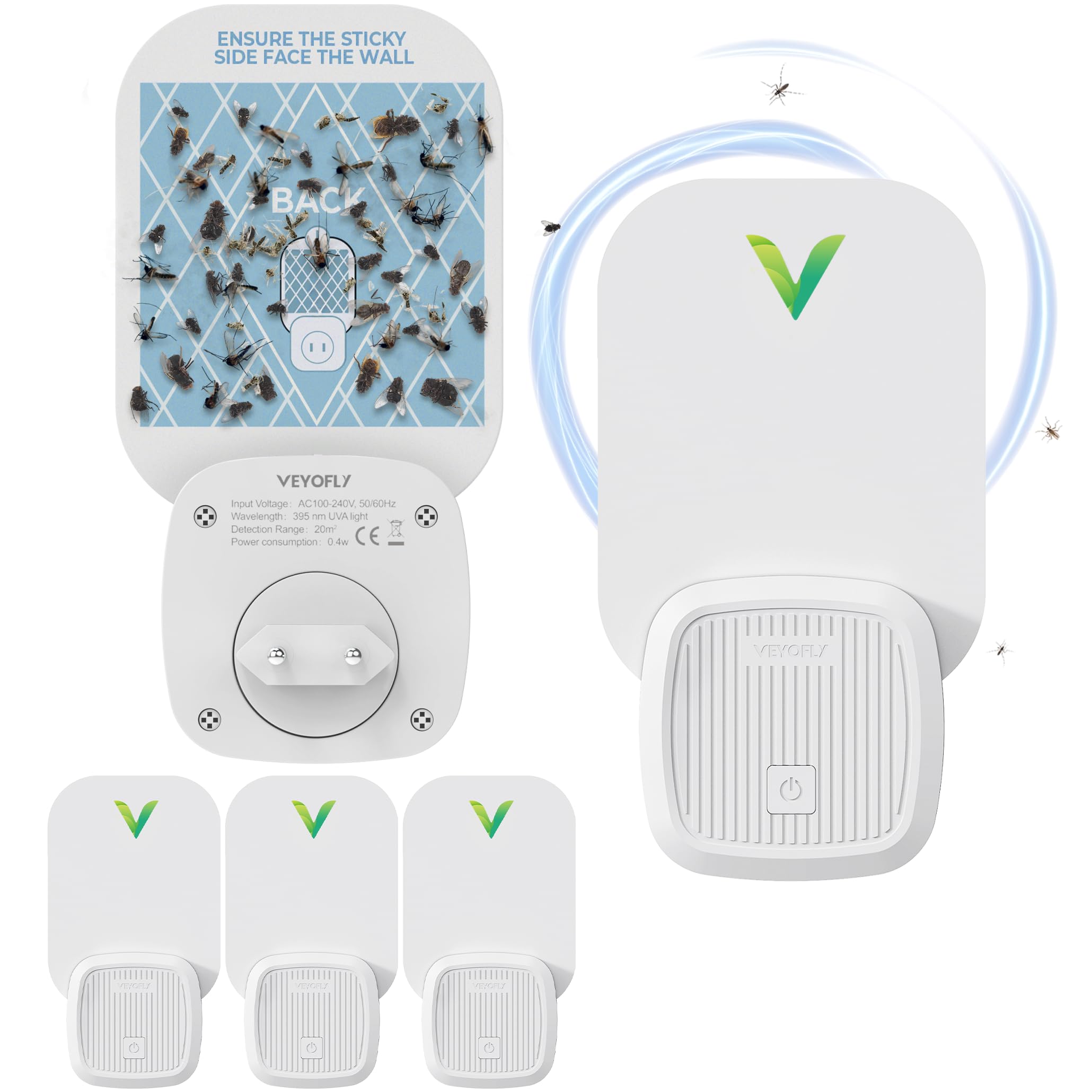 VEYOFLY Indoor Fliegenfalle – Steckdosen-Fliegenfalle für Fruchtfliegen und Stubenfliegen – Geruchlos und sauber (4 Gerät + 12 Klebefallen)