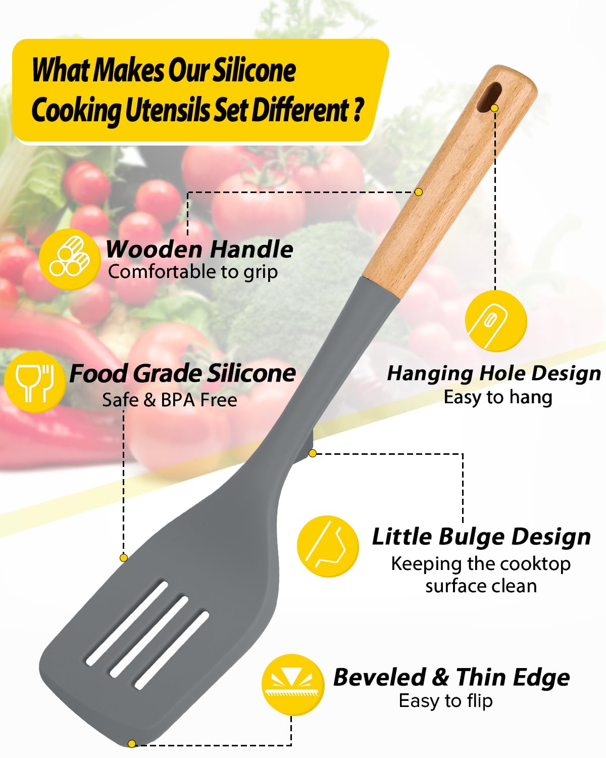 Set di utensili da cucina in silicone per pentole non appiccicose, 7 pentole resistenti al calore con manico in legno, utensili da cucina senza BPA, con spatole, cucchiai, skimmer e forchetta per