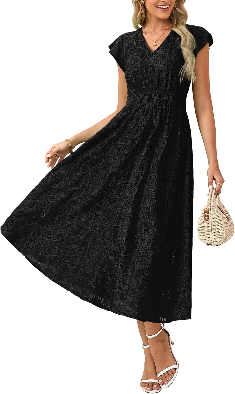 GRACE KARIN Women 2026 Summer Midi Dress,Ruffle Sleeve V Neck Smocked Eyelet Dresses,Flowy A Line Beach Vacation Dresses