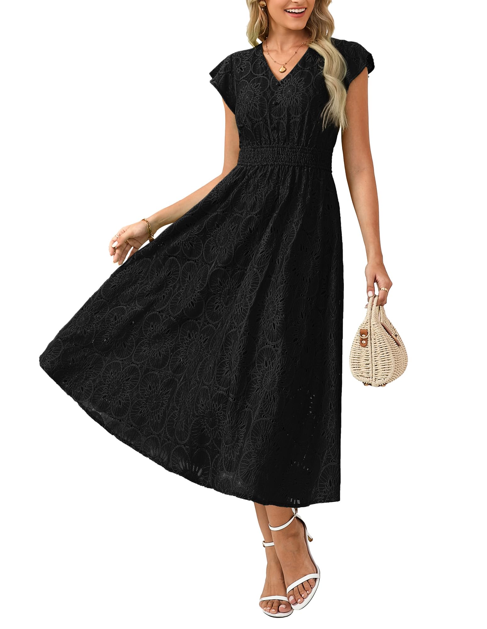 GRACE KARIN Damen Boho V-Neck Kurzarm Kleid Lässiges Ärmelloses Maxikleid mit Spaghettiträgern Falten und lockerer A-Linien Strandkleid Festliches Kleid mit Taschen