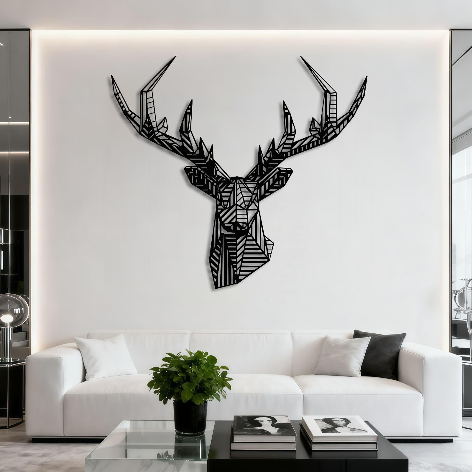 Decoración de Pared de Metal con Cabeza de Ciervo geométrica, decoración Abstracta de Ciervo, Animal para Sala de Estar, Dormitorio, Oficina, cabaña rústica (Negro, 90 x
