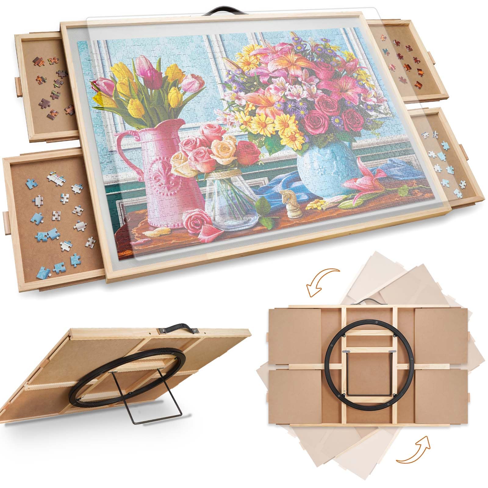 1000 Pieces 2 in 1 Jigsaw Puzzle with Tilt and Turn Function, Approx. 77 x 57 cm, Adjustable Puzzle Table with 4 Drawers and Transparent Cover, Gift for Mom