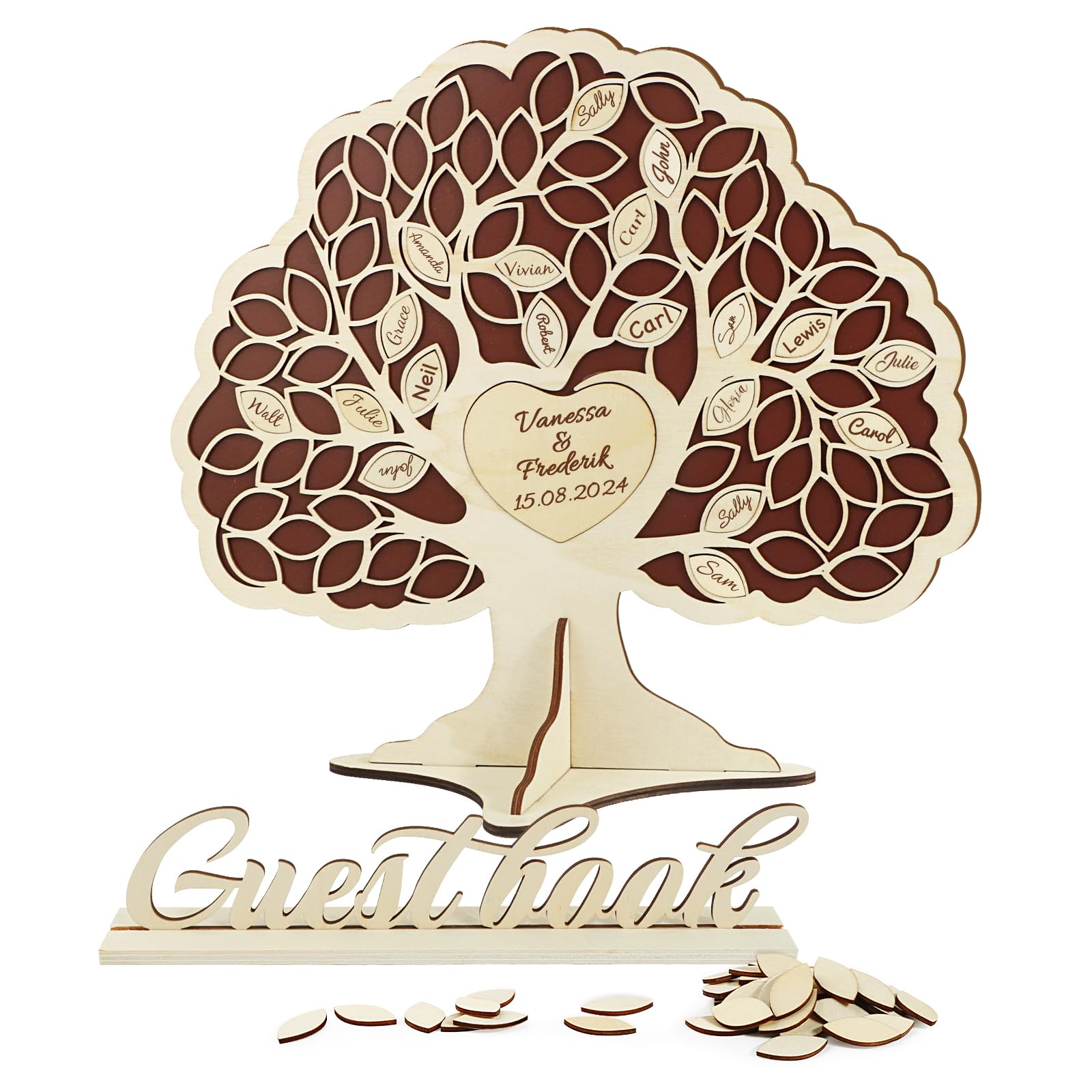 BOFUNX Libro Firmas Boda de Visitas para Invitados en Árbol de la Vida+81pcs Hojas Madera y Corazón+Bolsa de Organza+Letreo Guest Book Regalo Original Decorazón Fiesta Boda Cumpleaños Baby Shower