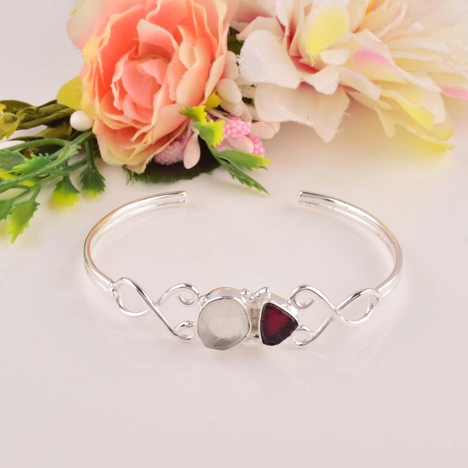 Natural Raw Amethsyt Garnet Moonstone Cuff Bracelet, Healing Crystal Cuff Bracelet, Bangle Bracelet, Rough Gemstone Bracelet, Birthstone Jewelry, Jewelry For Woman - Image 2