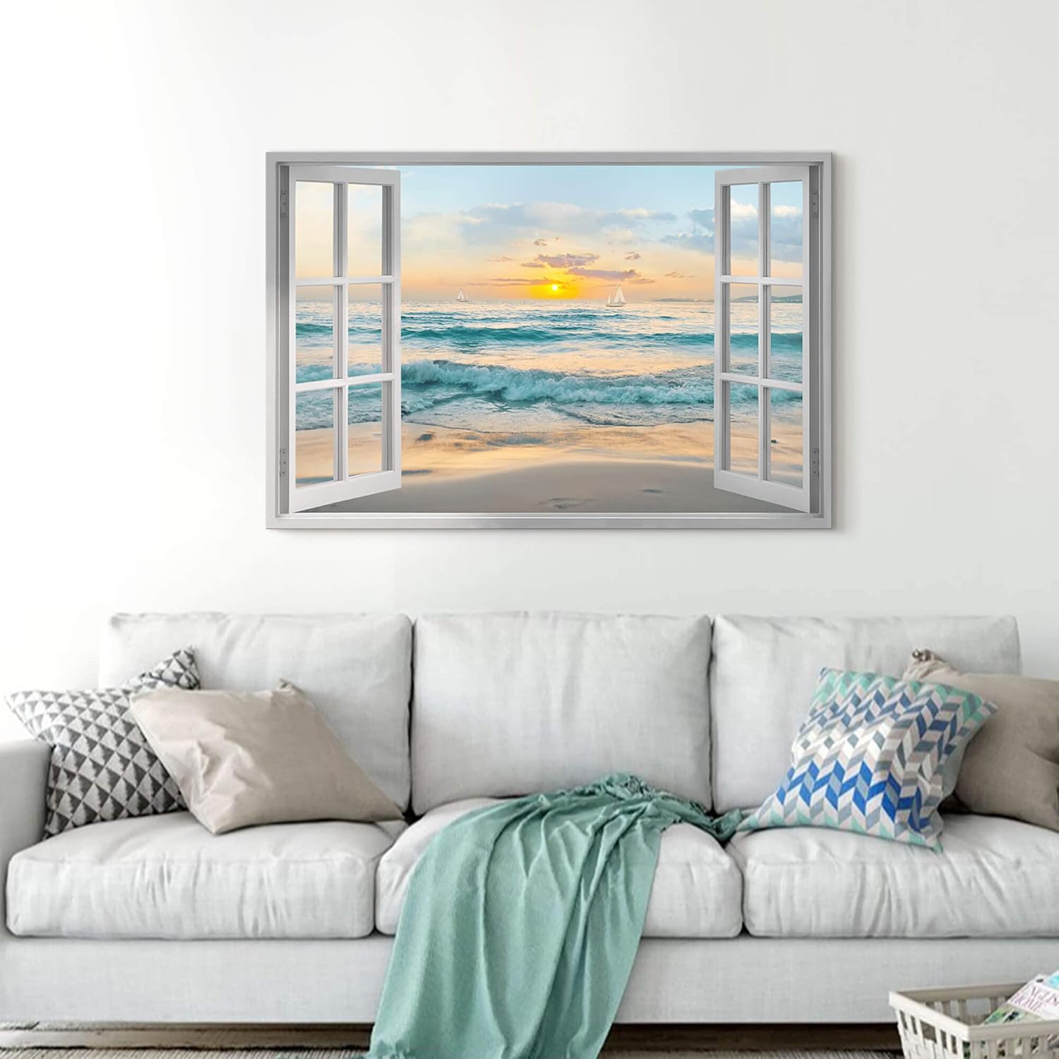 Window View Canvas Wall Art: Open Window Beach Coastal Sailboats Picture Large Blue Ocean Waves Artwork Natural Sunset Seascape Prints Modern Sea Scenery Painting for Bedroom Bathroom Home Office