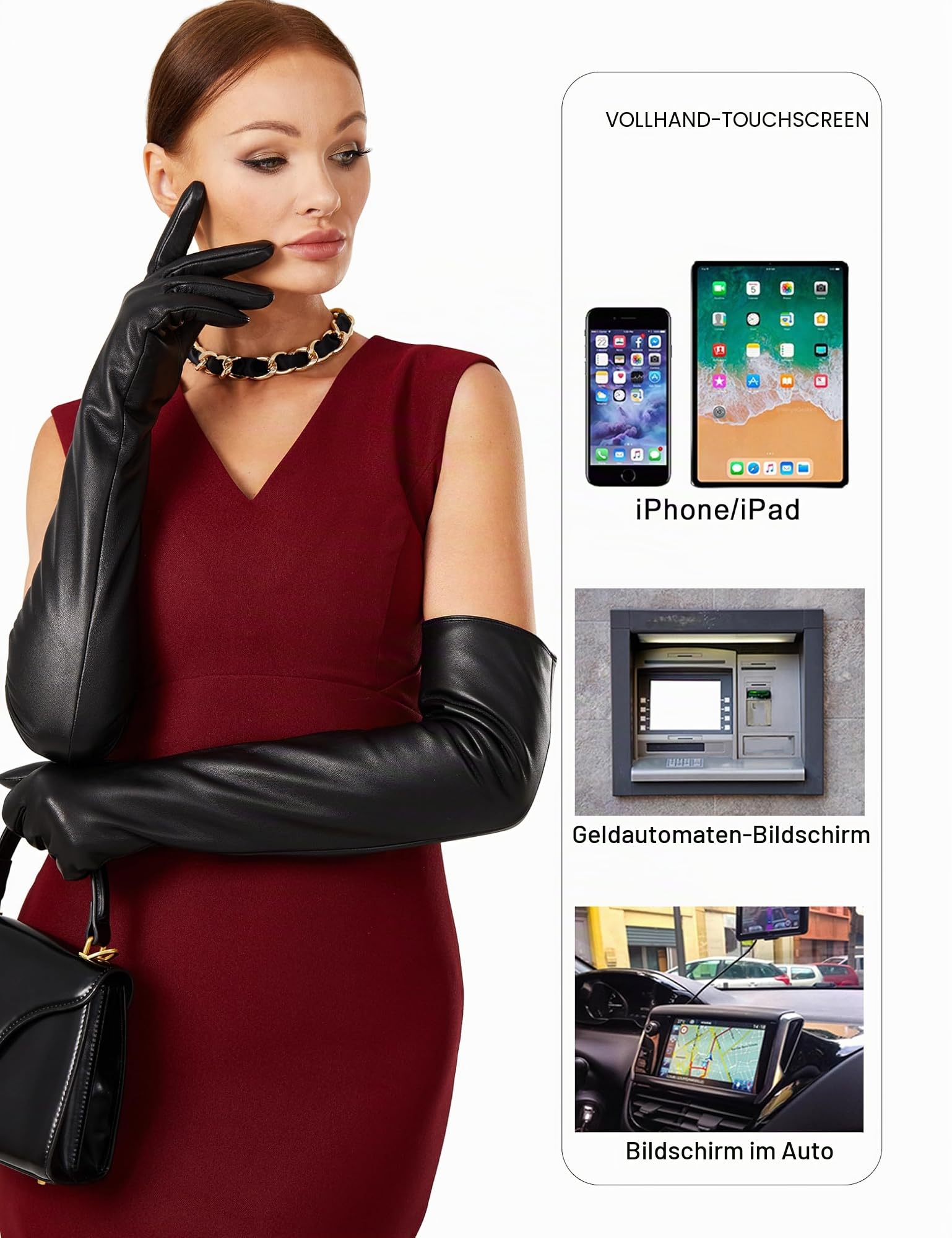 VIKIDEER Warme weiche lange Lederhandschuhe Frauen Plüsch gefüttert Voll Touchscreen Luxus Handschuhe für Abend Oper Arty Kostüm 23,6 ''