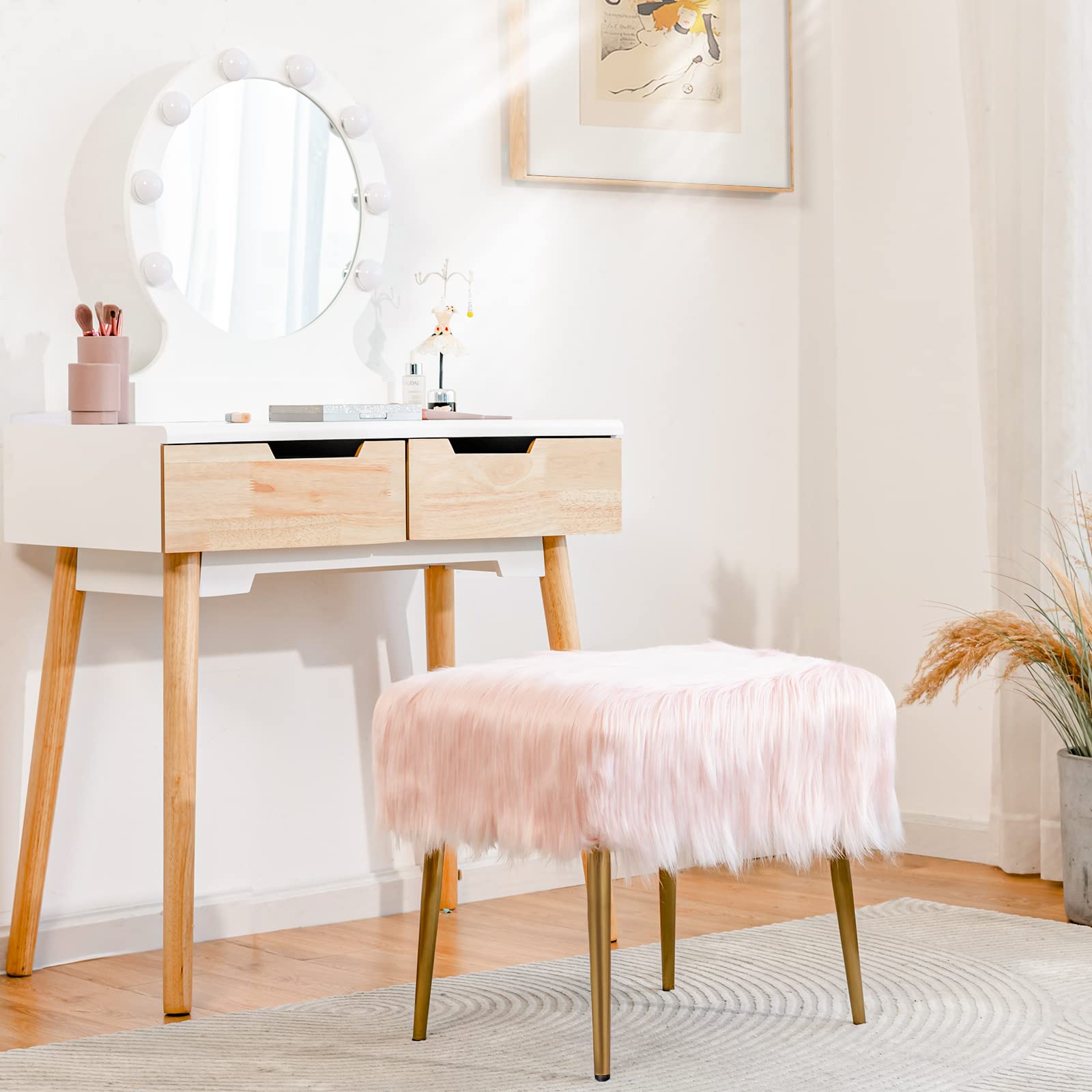 LIFEZEAL Taburete de tocador, Silla de Maquillaje de Piel sintética monderno Acolchado, Banco de Cama para Dormitorio, Pasillo, con Patas de Metal Dorado (51 x 41cm, Rosa)